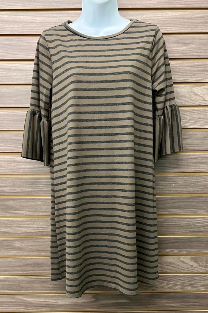 Striped 3/4 Ruffle Sleeve Dress