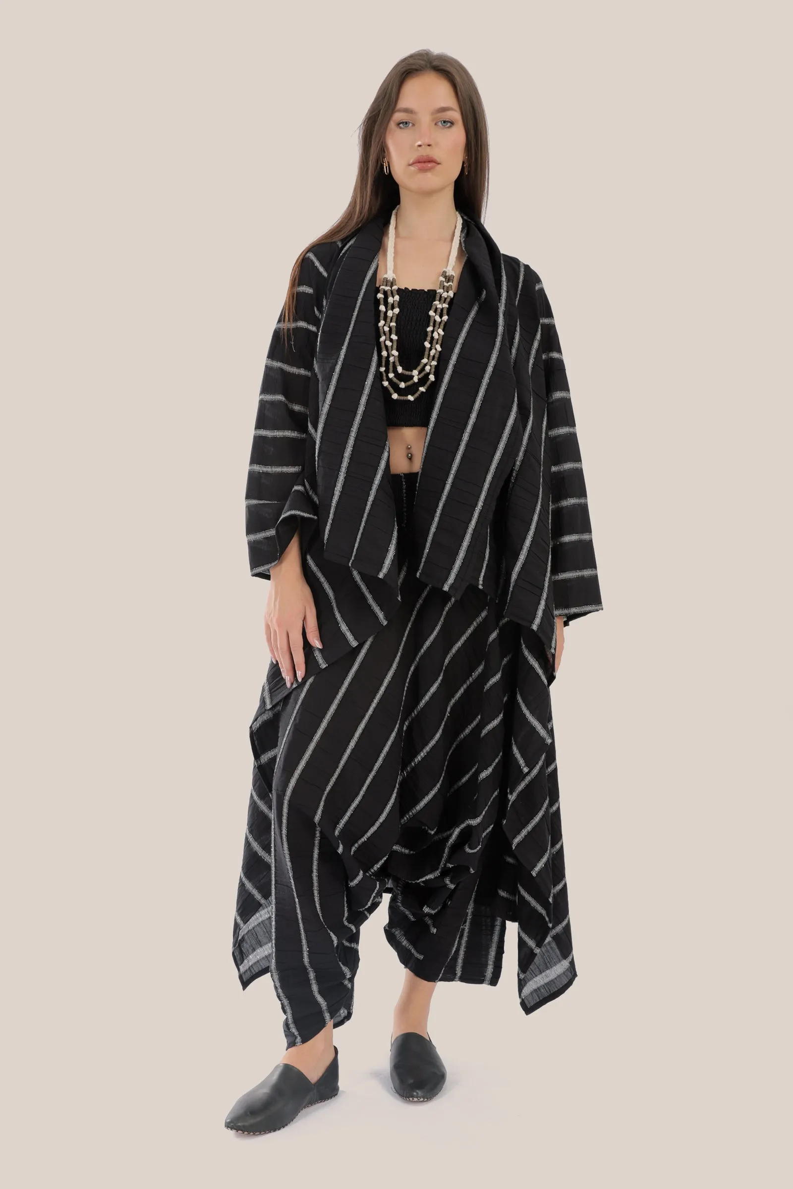 Striped coat with draped collar and  long sleeves