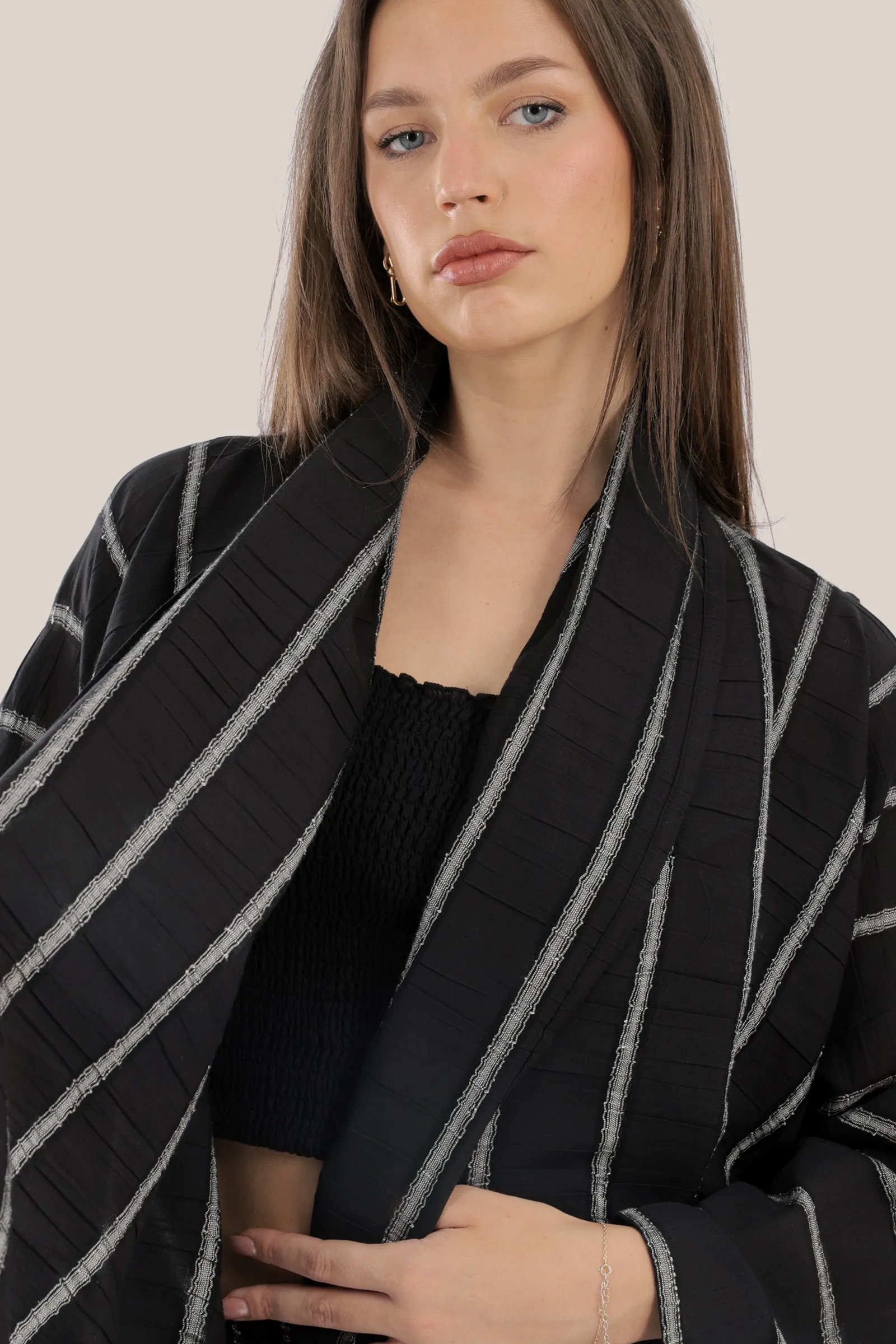 Striped coat with draped collar and  long sleeves