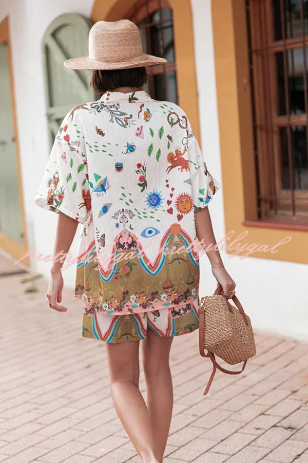 Sun Kiss Linen Blend Unique Print Button Loose Shirt and Elastic Waist Pocket Shorts Set