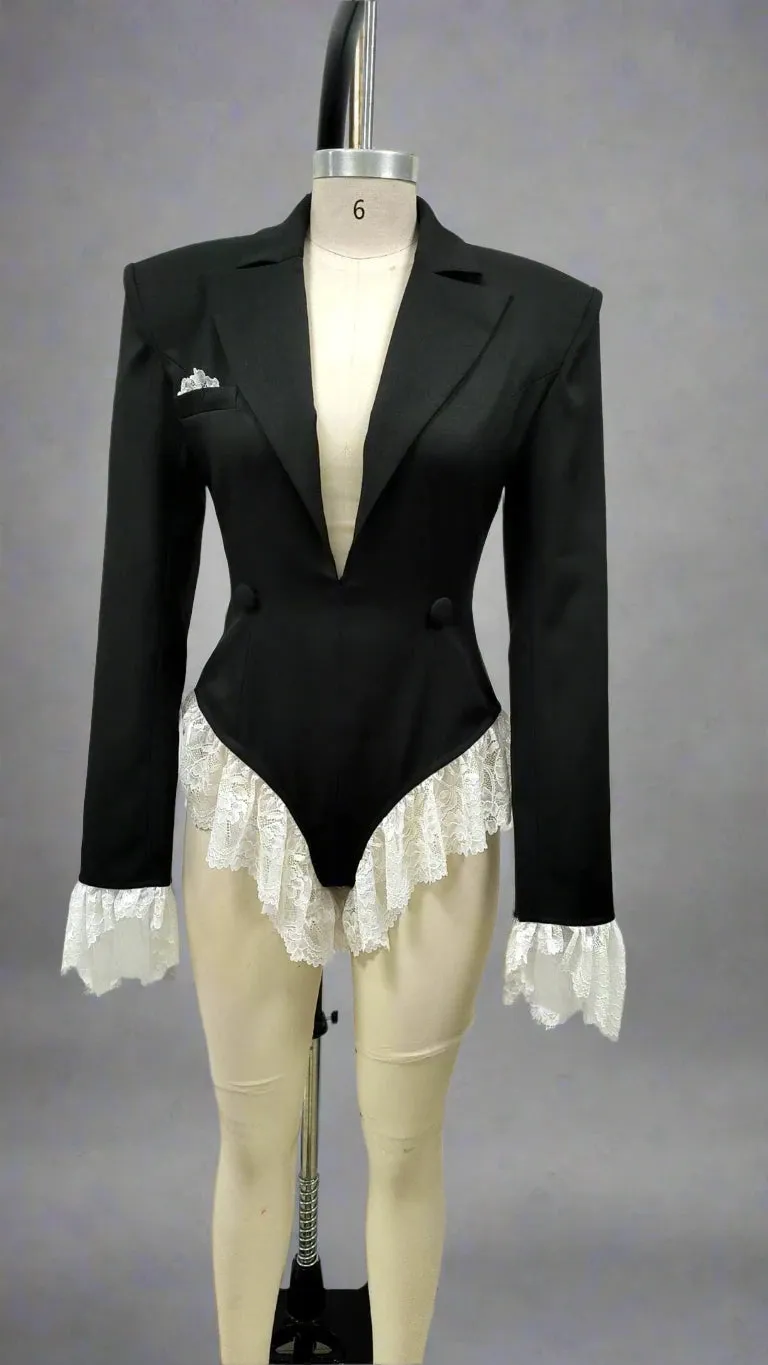 Trend4us Women's Lace Trim Tuxedo-Style Bodysuit Blazer