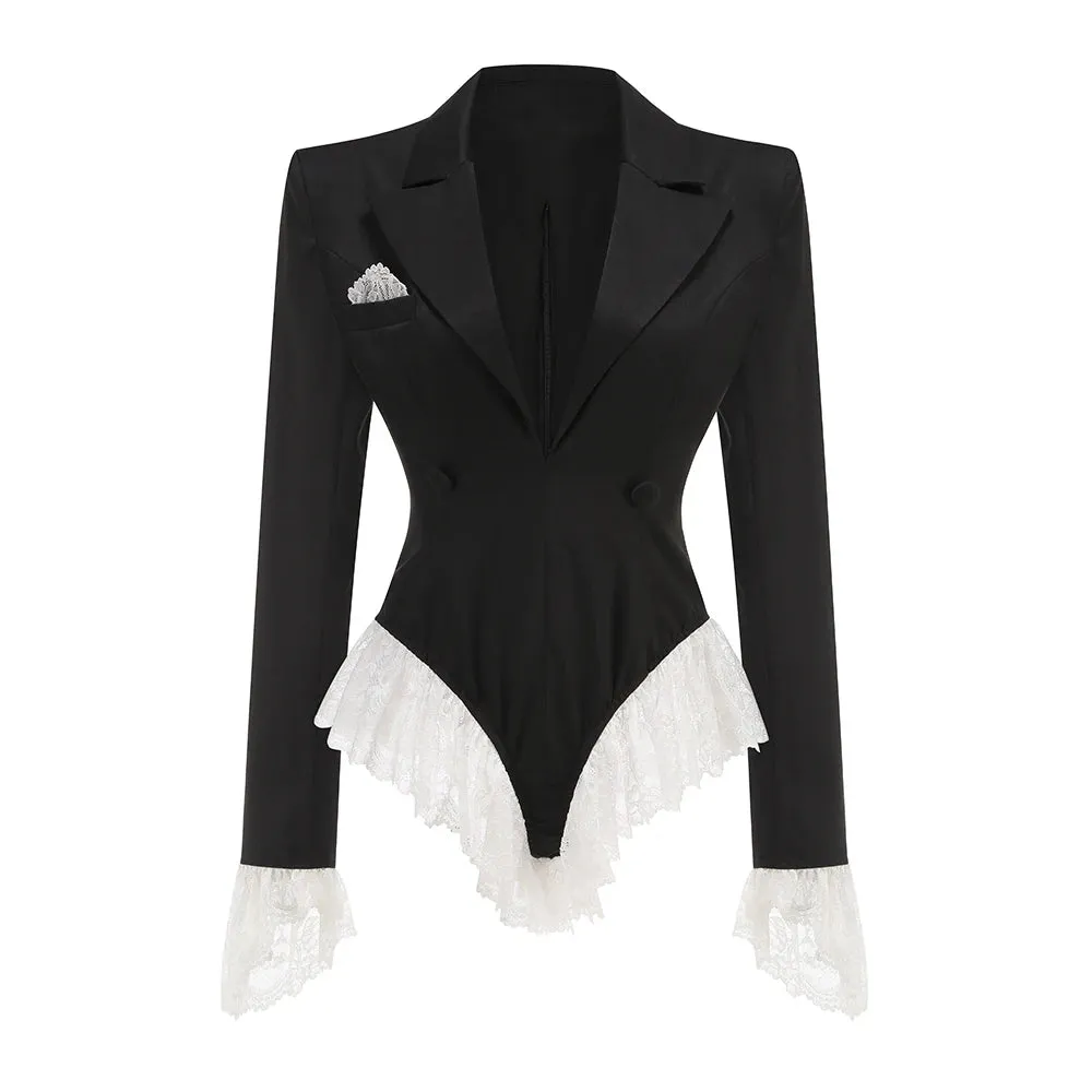 Trend4us Women's Lace Trim Tuxedo-Style Bodysuit Blazer