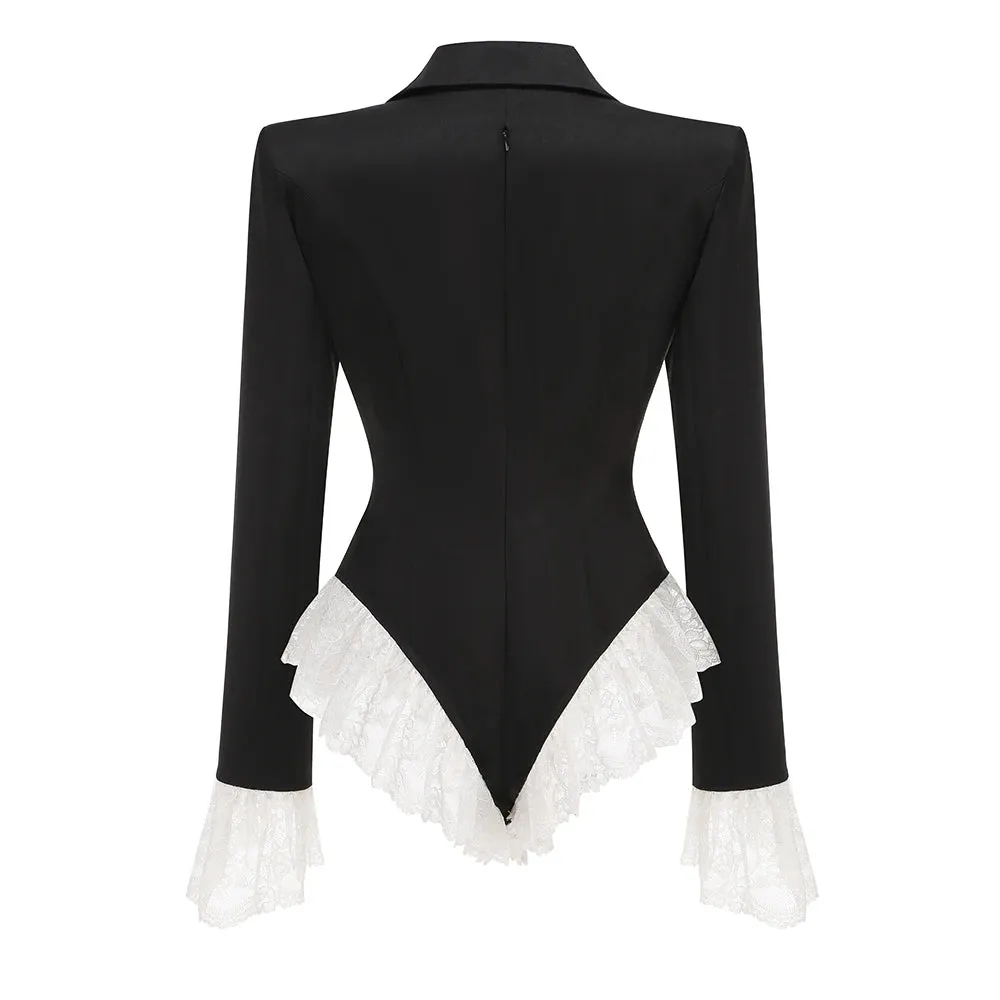 Trend4us Women's Lace Trim Tuxedo-Style Bodysuit Blazer