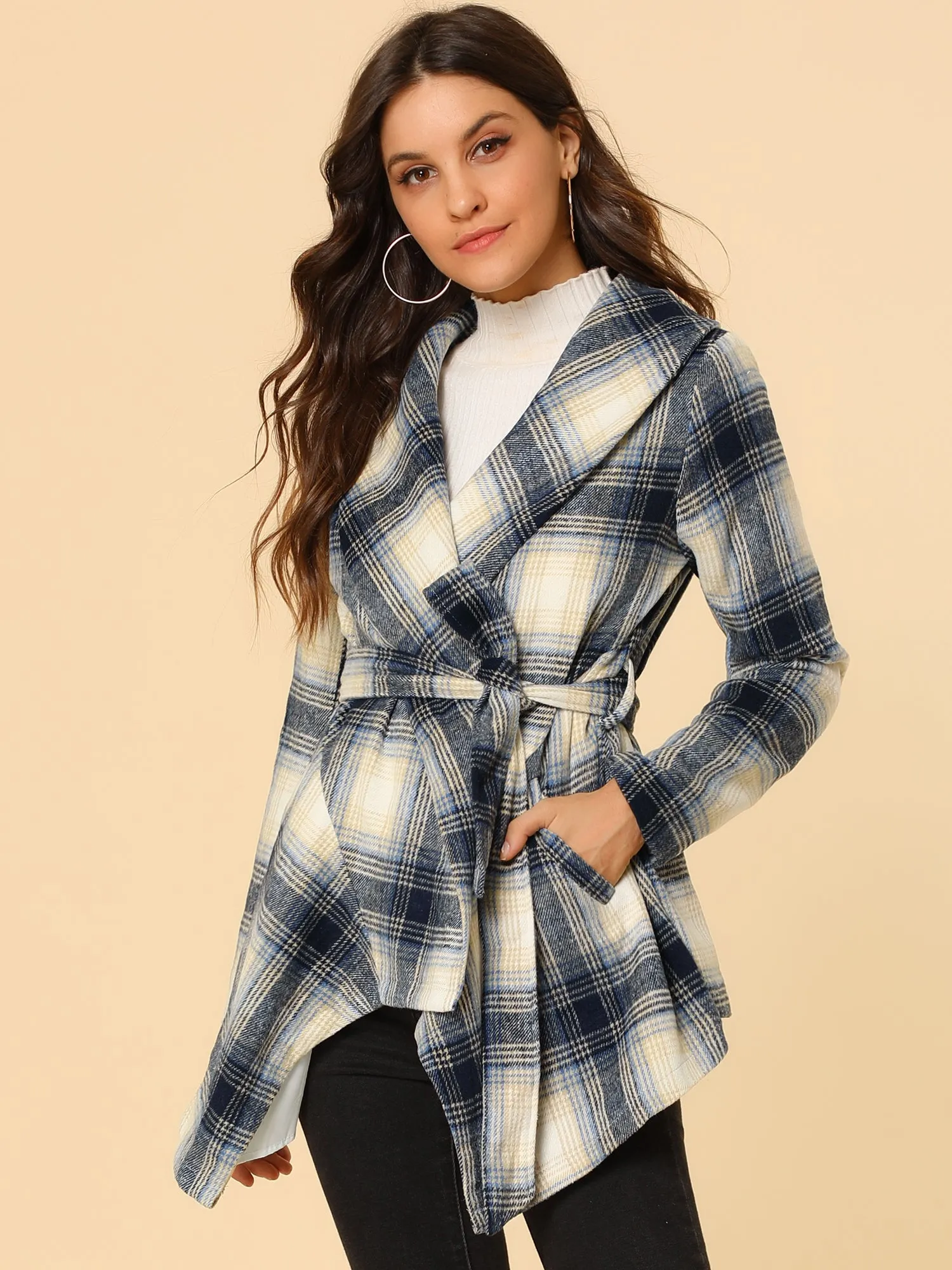 Turn Down Collar Asymmetric Hem Thin Plaids Wrap Coat