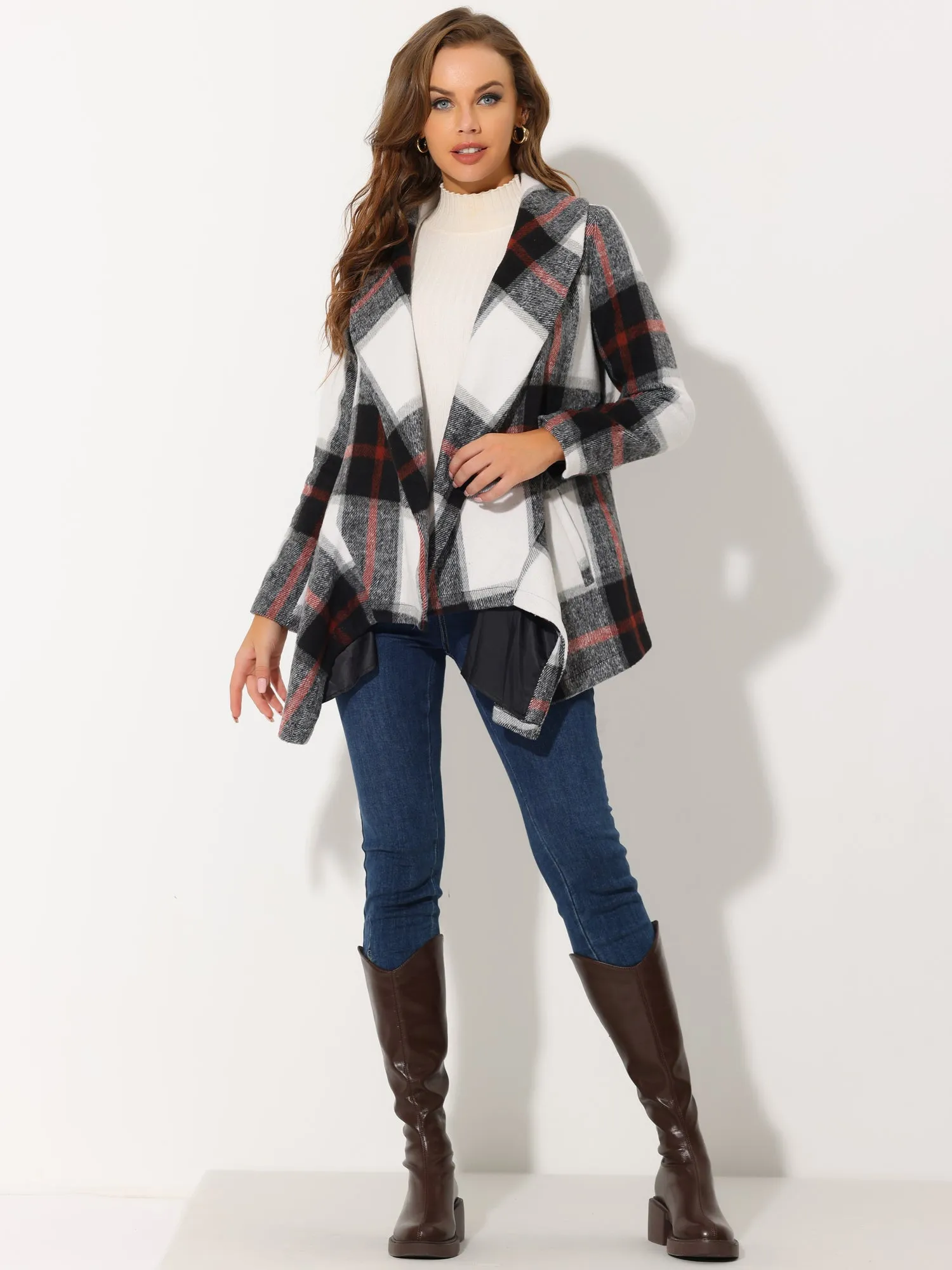 Turn Down Collar Asymmetric Hem Thin Plaids Wrap Coat