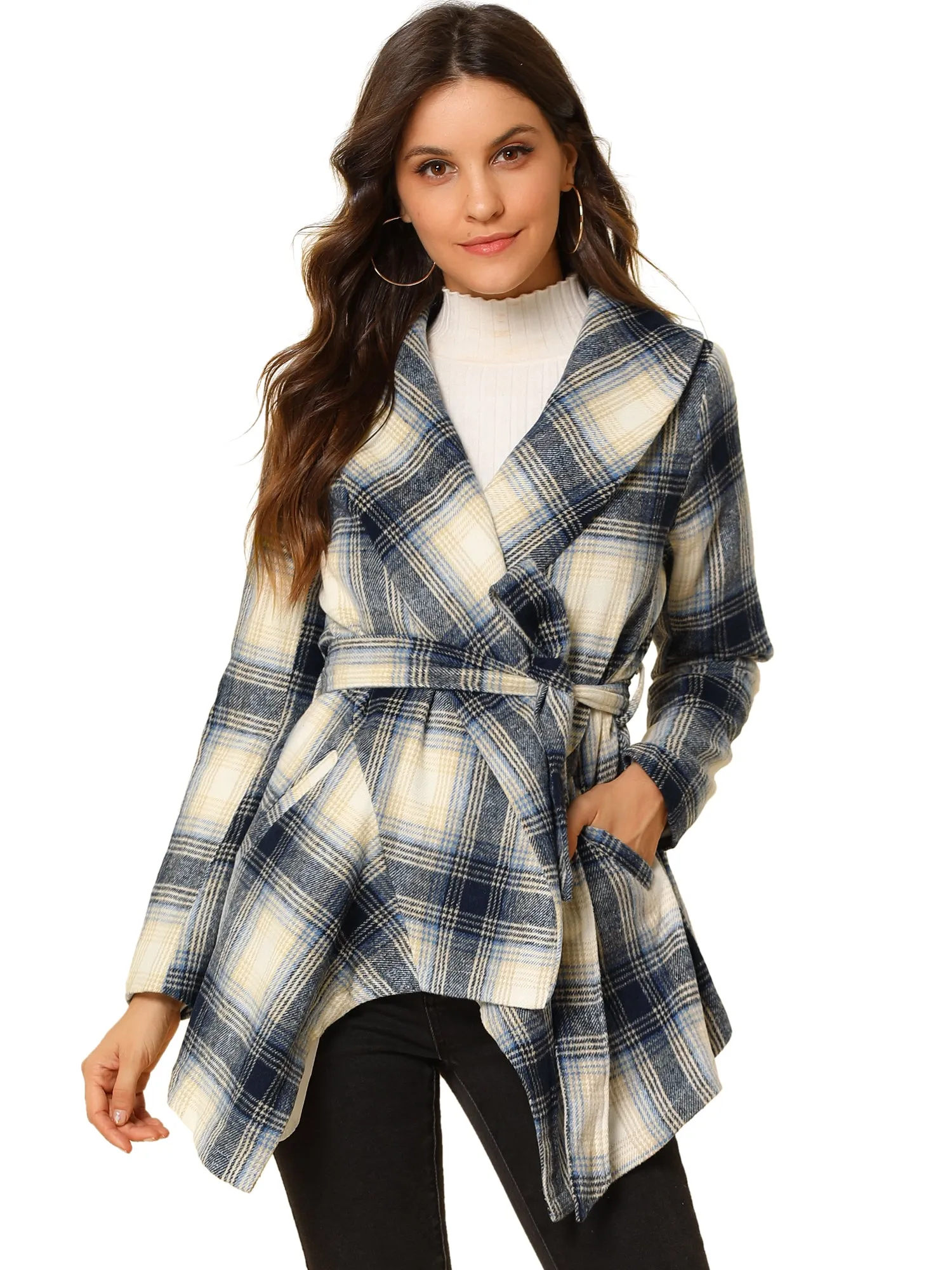 Turn Down Collar Asymmetric Hem Thin Plaids Wrap Coat