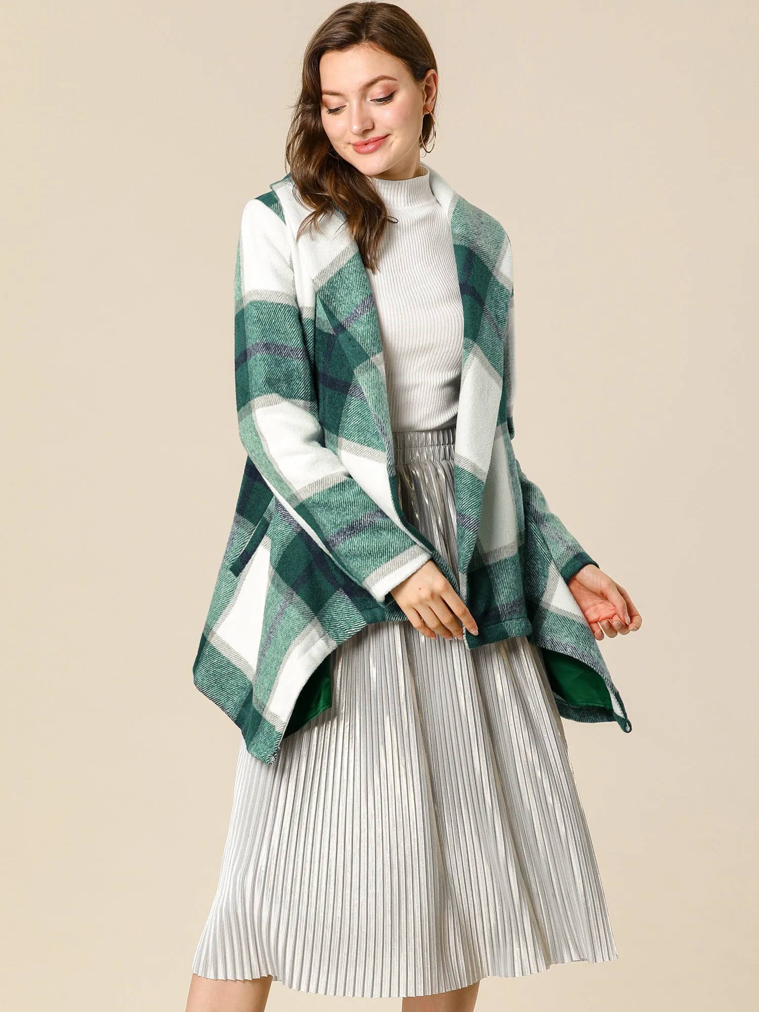 Turn Down Collar Asymmetric Hem Thin Plaids Wrap Coat