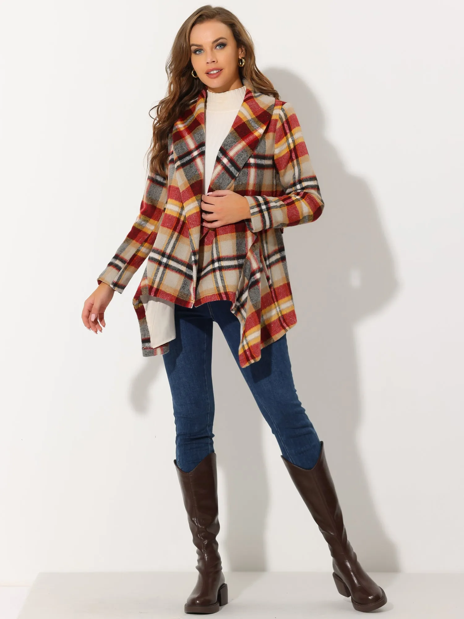 Turn Down Collar Asymmetric Hem Thin Plaids Wrap Coat