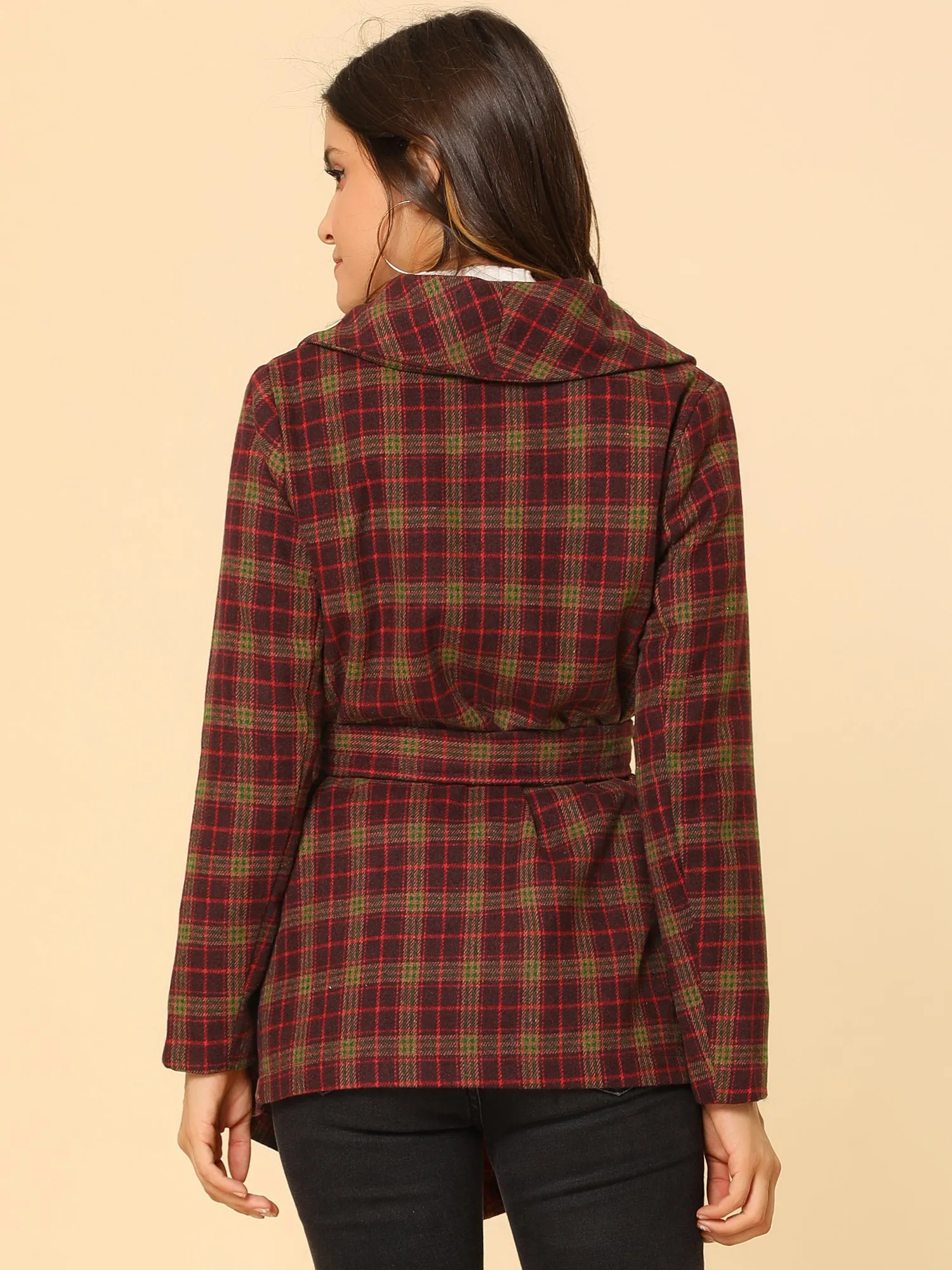 Turn Down Collar Asymmetric Hem Thin Plaids Wrap Coat