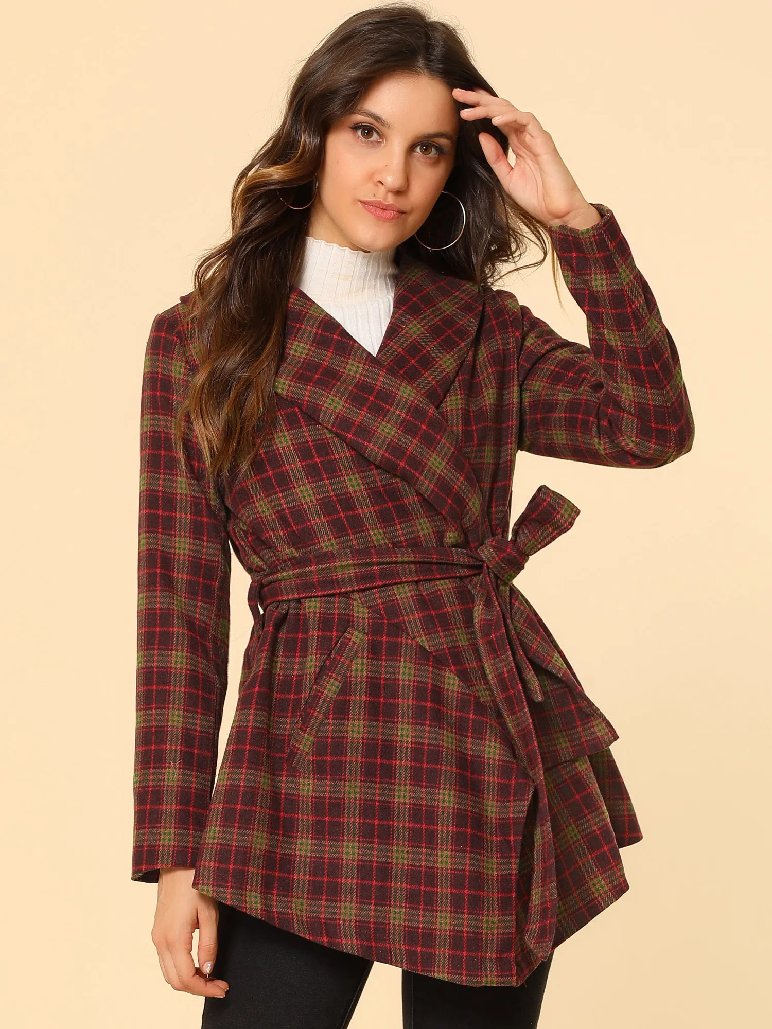 Turn Down Collar Asymmetric Hem Thin Plaids Wrap Coat