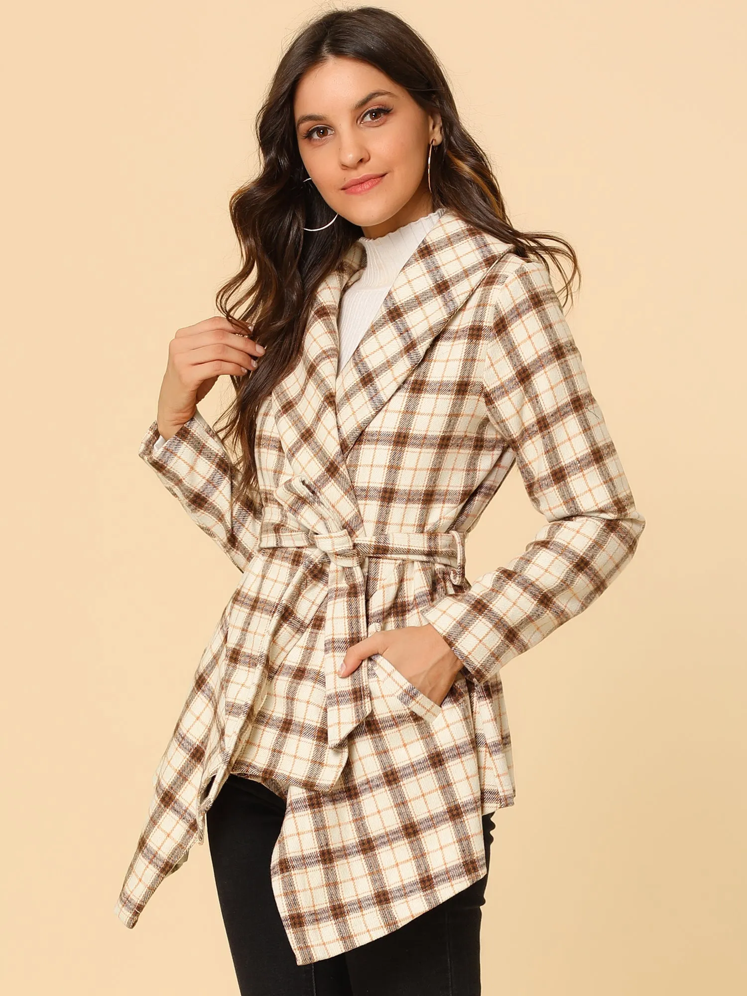 Turn Down Collar Asymmetric Hem Thin Plaids Wrap Coat