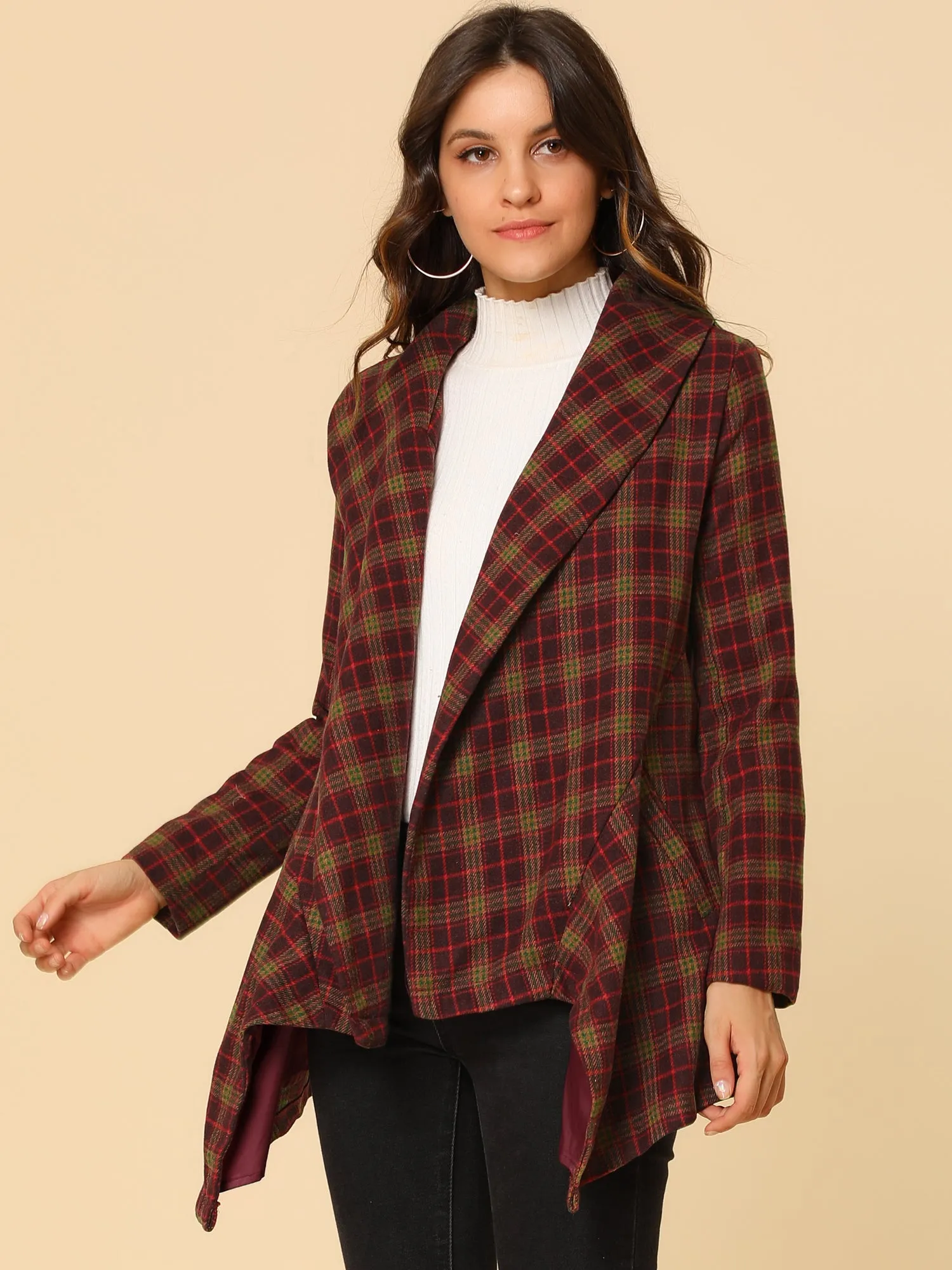 Turn Down Collar Asymmetric Hem Thin Plaids Wrap Coat