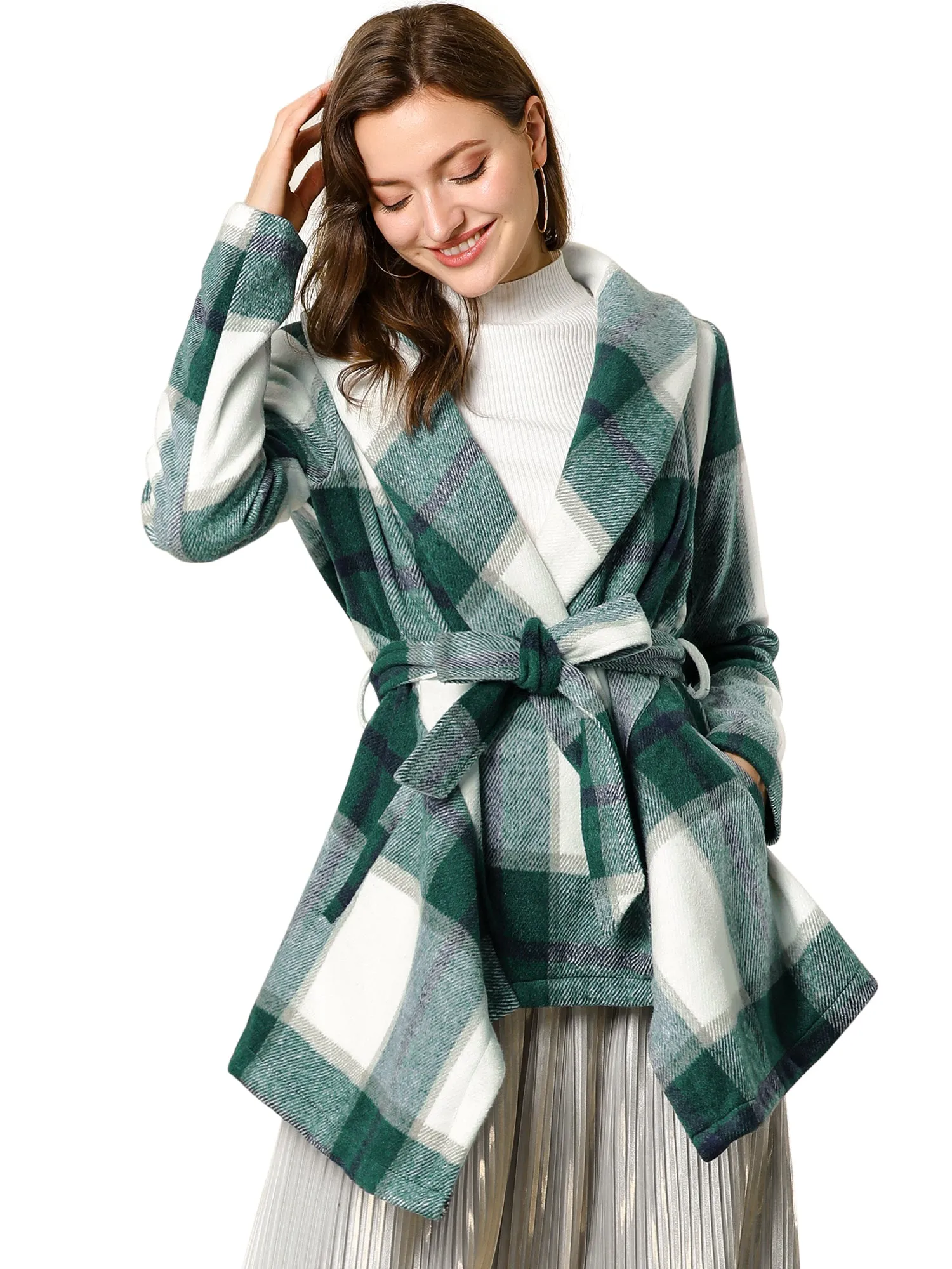 Turn Down Collar Asymmetric Hem Thin Plaids Wrap Coat