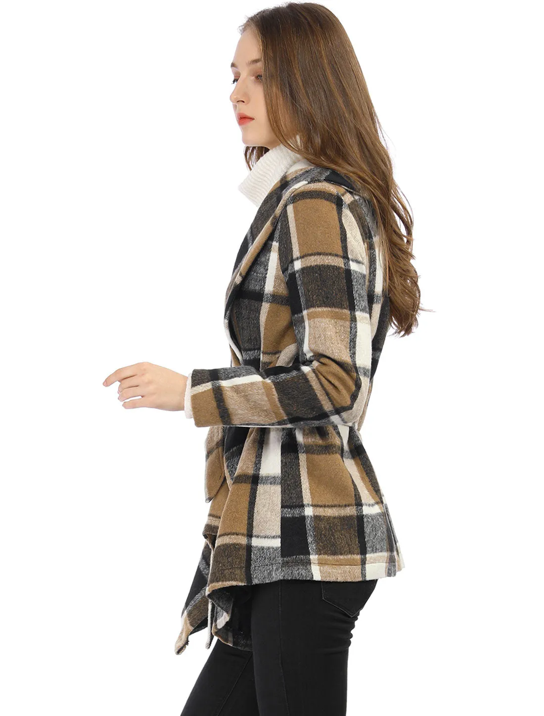 Turn Down Collar Asymmetric Hem Thin Plaids Wrap Coat