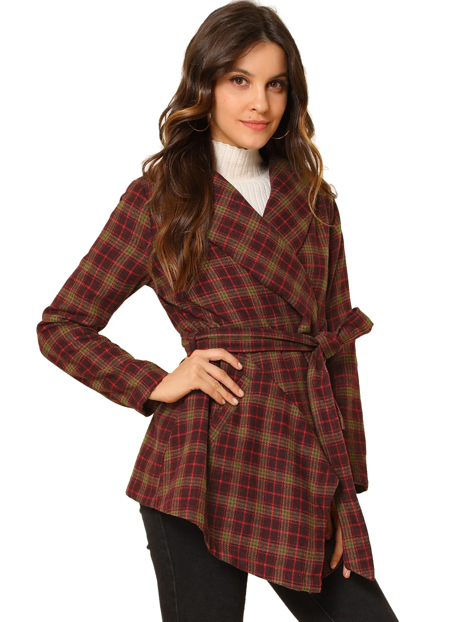 Turn Down Collar Asymmetric Hem Thin Plaids Wrap Coat