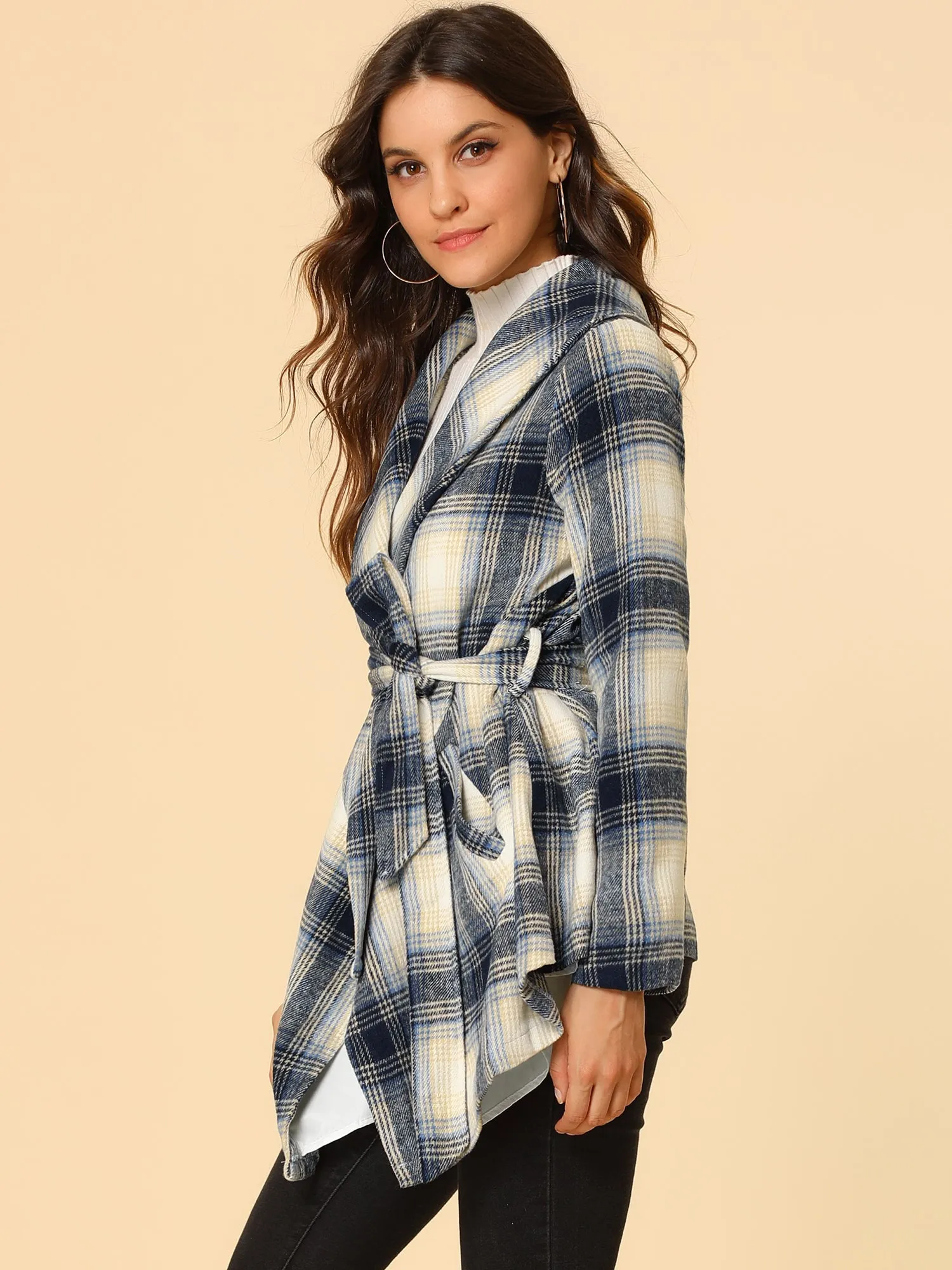 Turn Down Collar Asymmetric Hem Thin Plaids Wrap Coat