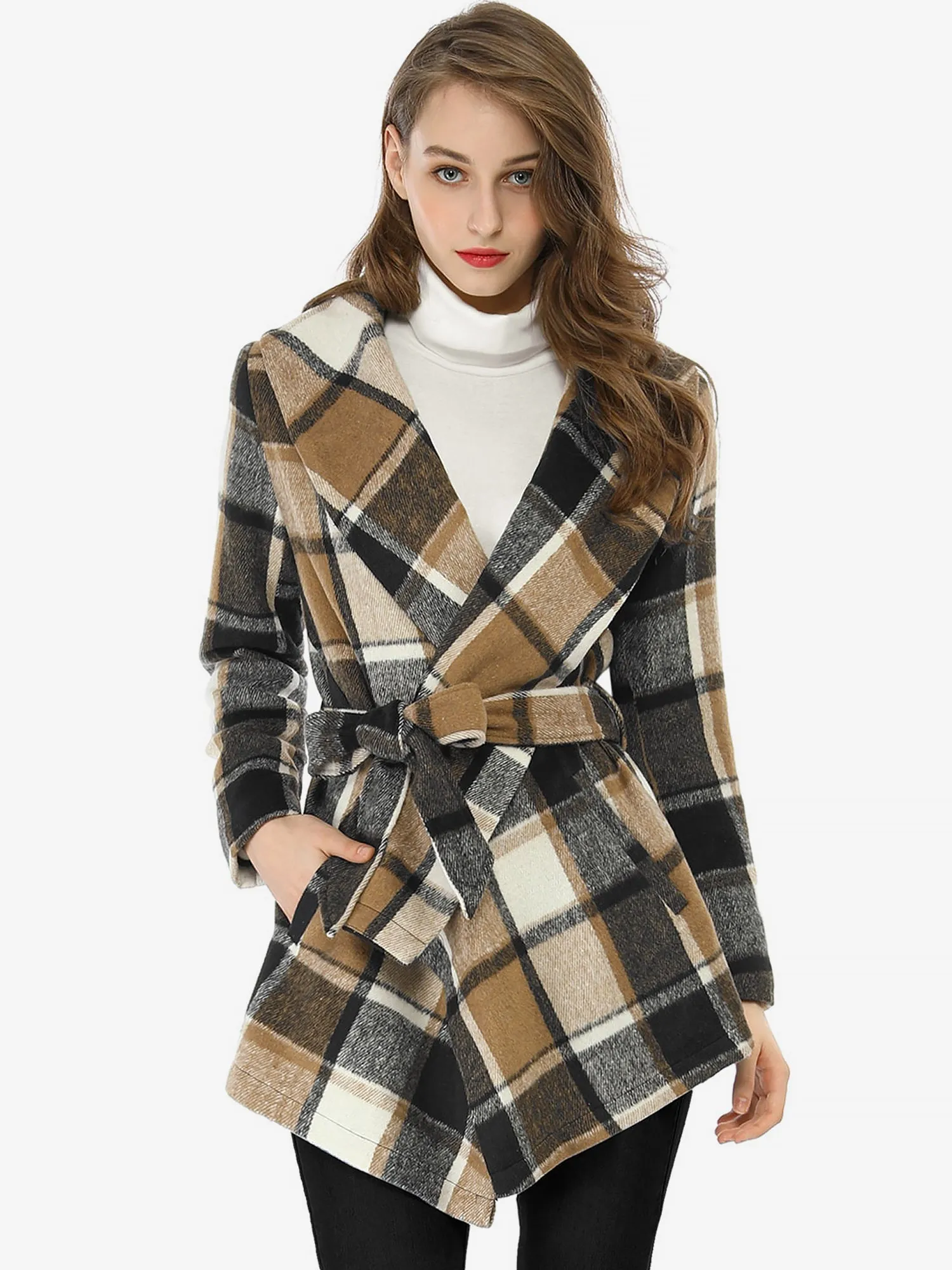 Turn Down Collar Asymmetric Hem Thin Plaids Wrap Coat