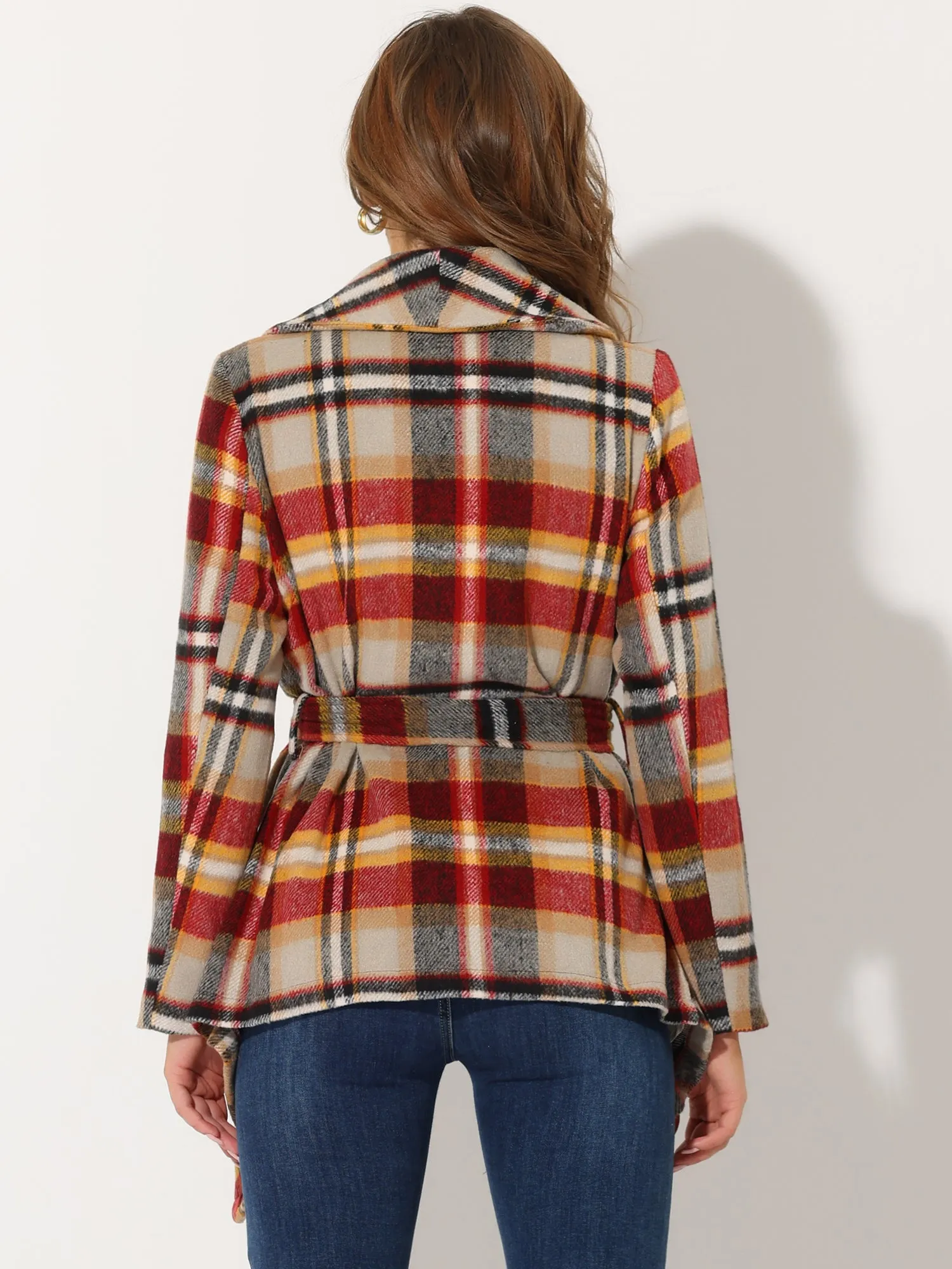 Turn Down Collar Asymmetric Hem Thin Plaids Wrap Coat