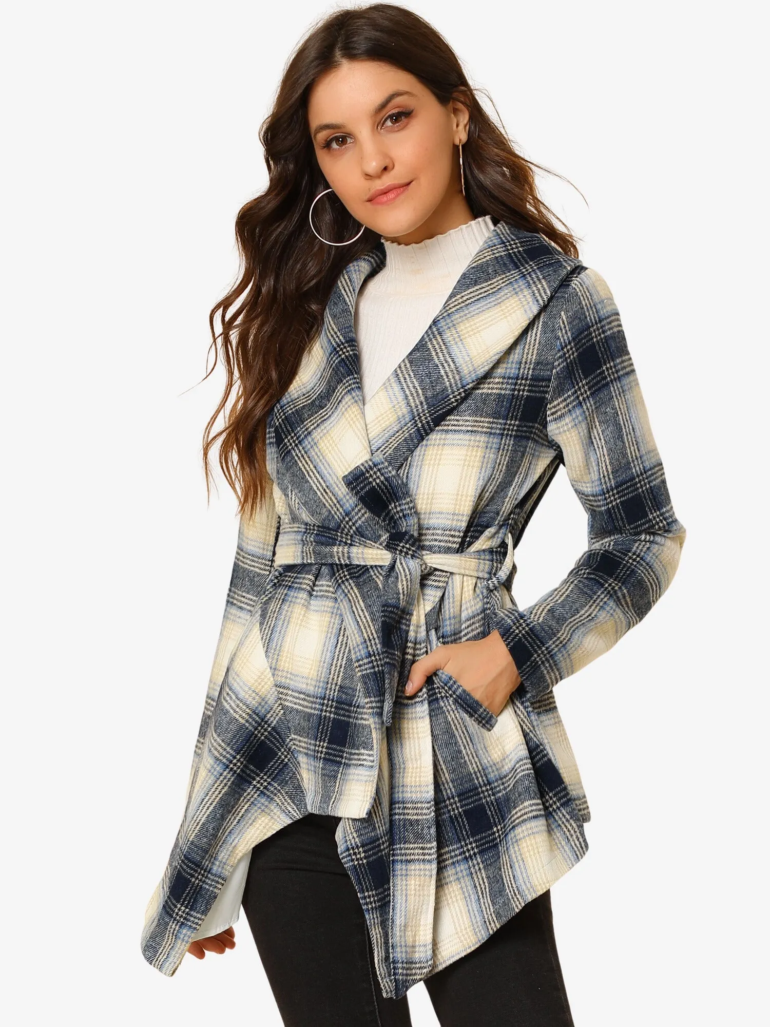 Turn Down Collar Asymmetric Hem Thin Plaids Wrap Coat