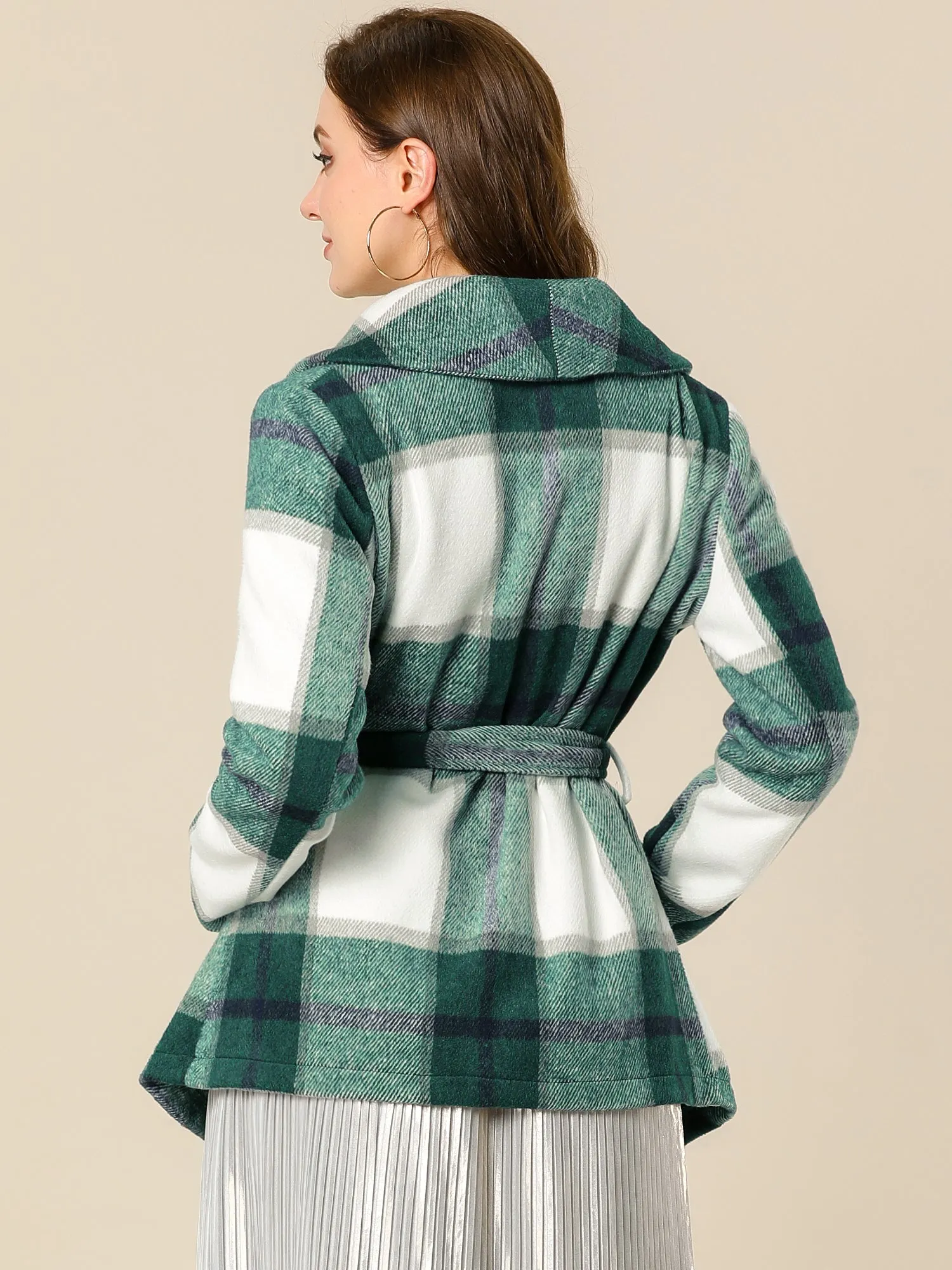 Turn Down Collar Asymmetric Hem Thin Plaids Wrap Coat