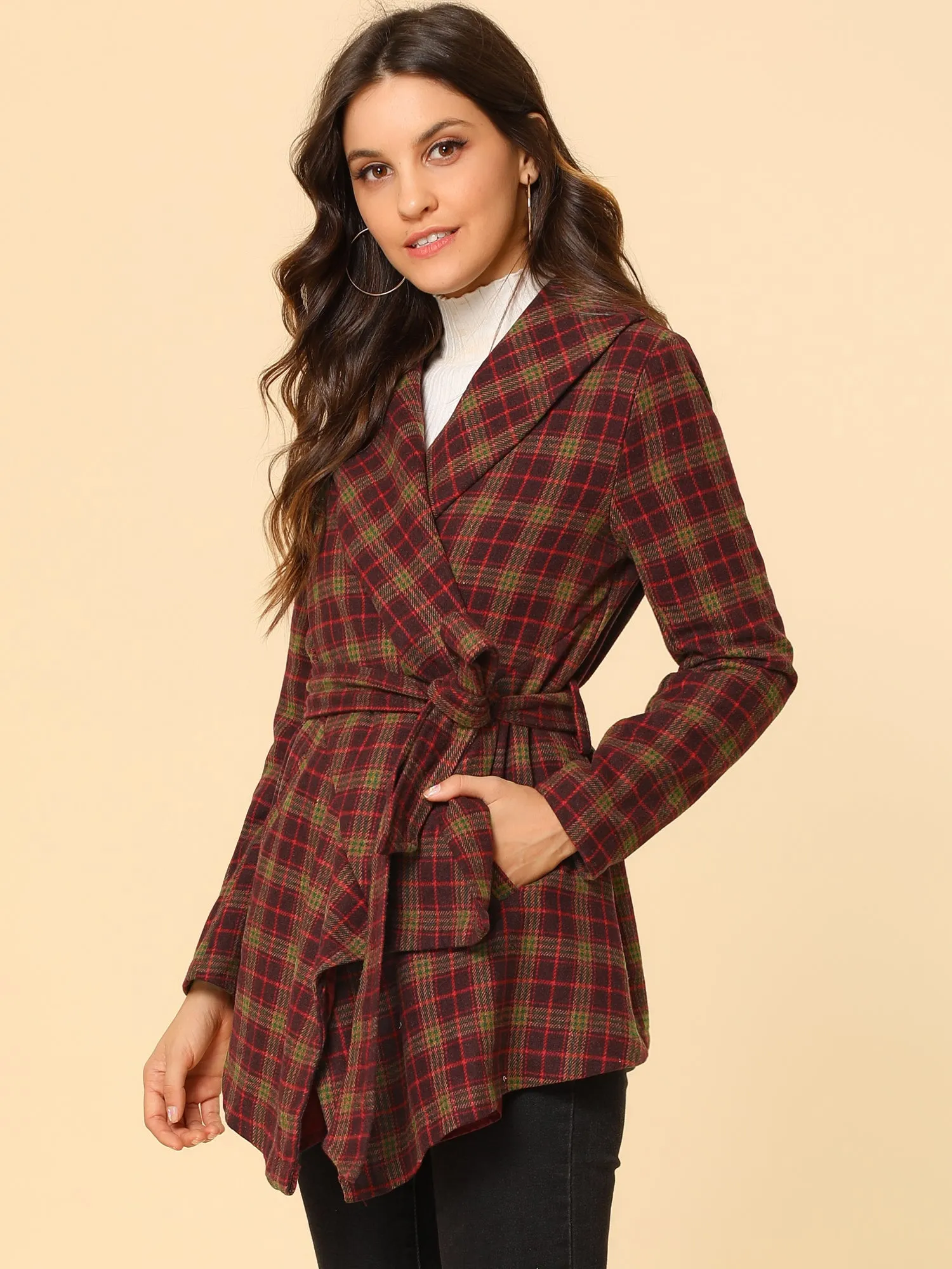 Turn Down Collar Asymmetric Hem Thin Plaids Wrap Coat