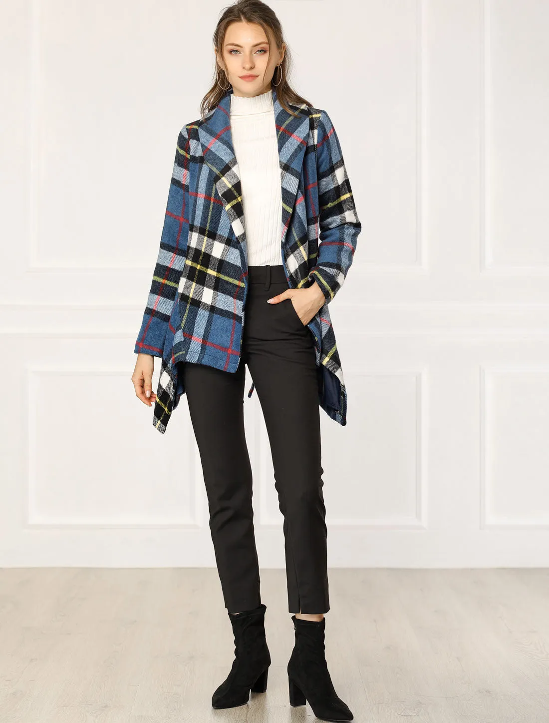 Turn Down Collar Asymmetric Hem Thin Plaids Wrap Coat