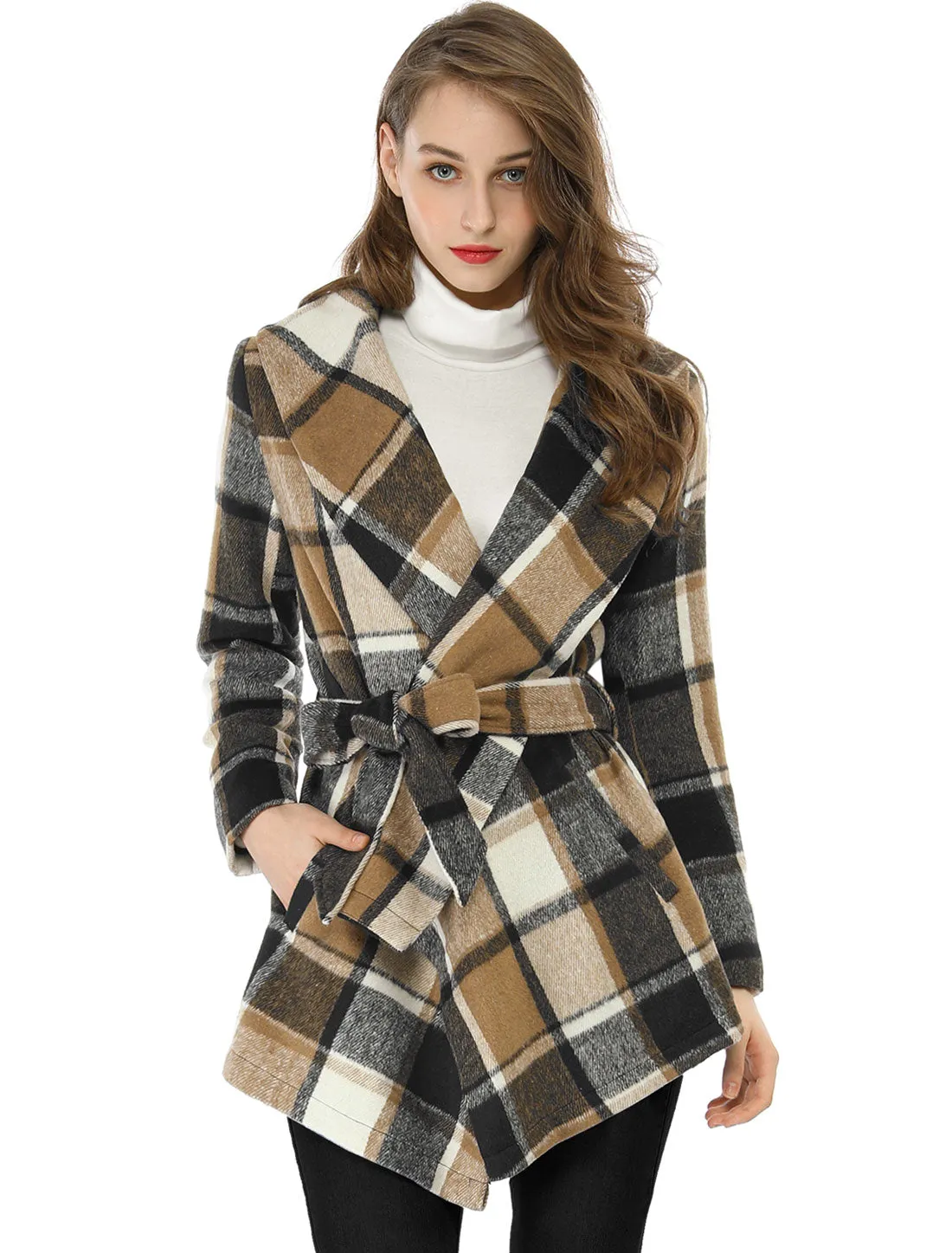 Turn Down Collar Asymmetric Hem Thin Plaids Wrap Coat