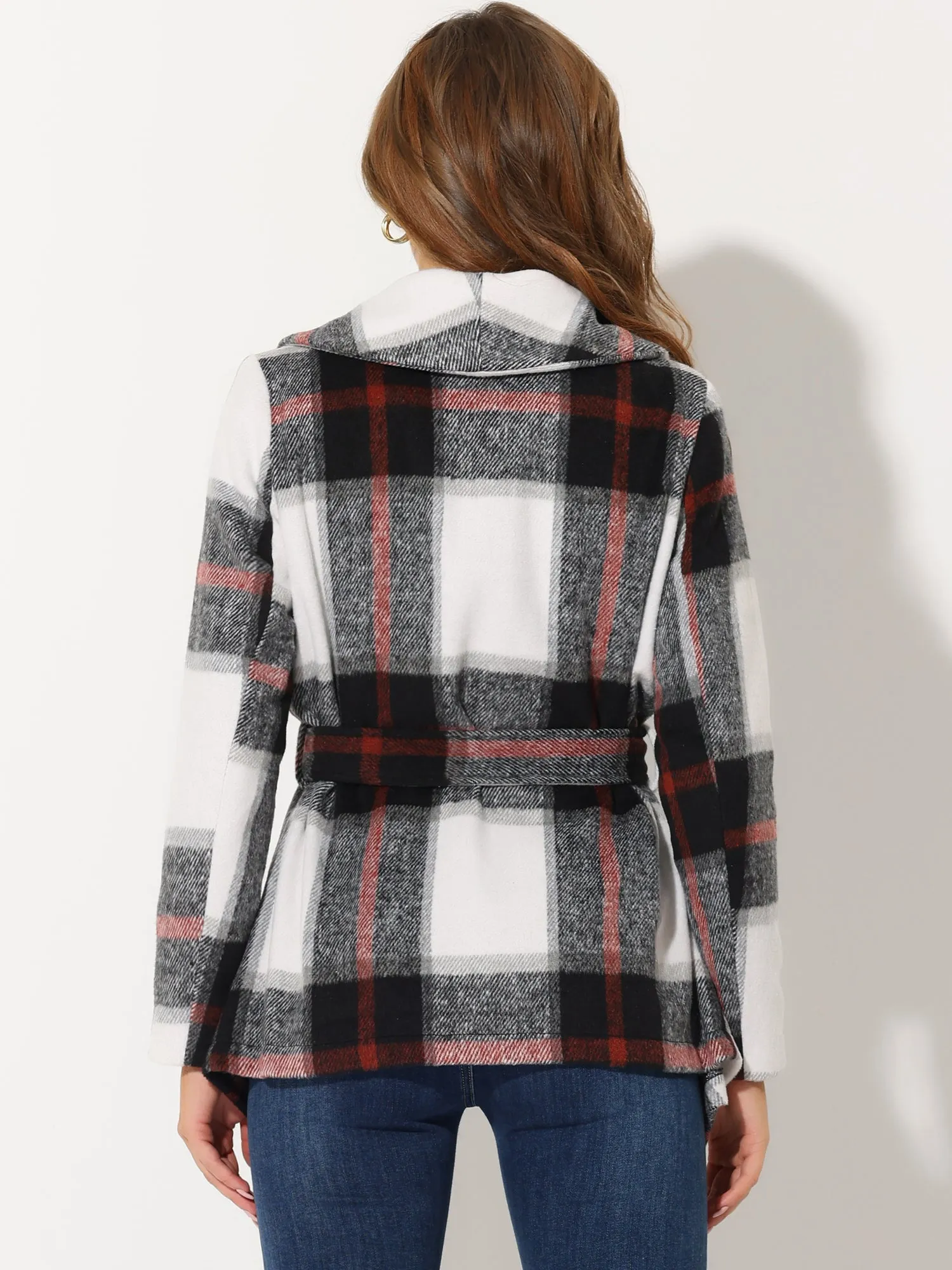 Turn Down Collar Asymmetric Hem Thin Plaids Wrap Coat