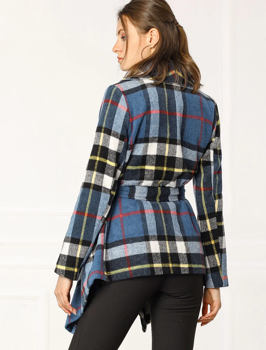 Turn Down Collar Asymmetric Hem Thin Plaids Wrap Coat