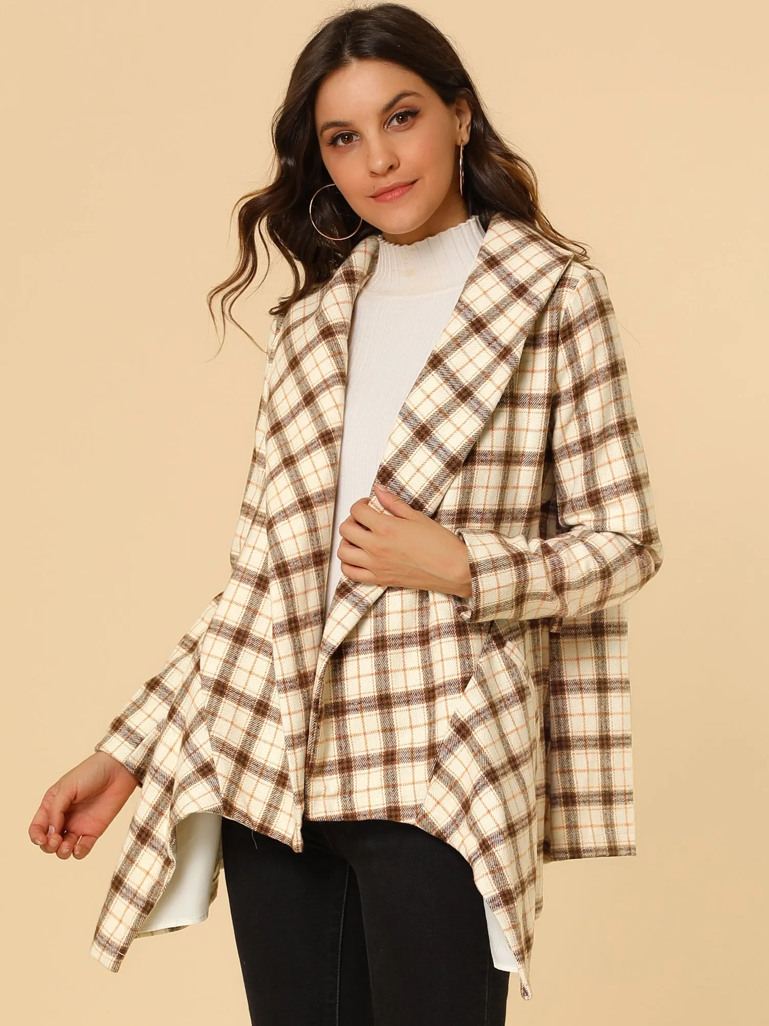 Turn Down Collar Asymmetric Hem Thin Plaids Wrap Coat