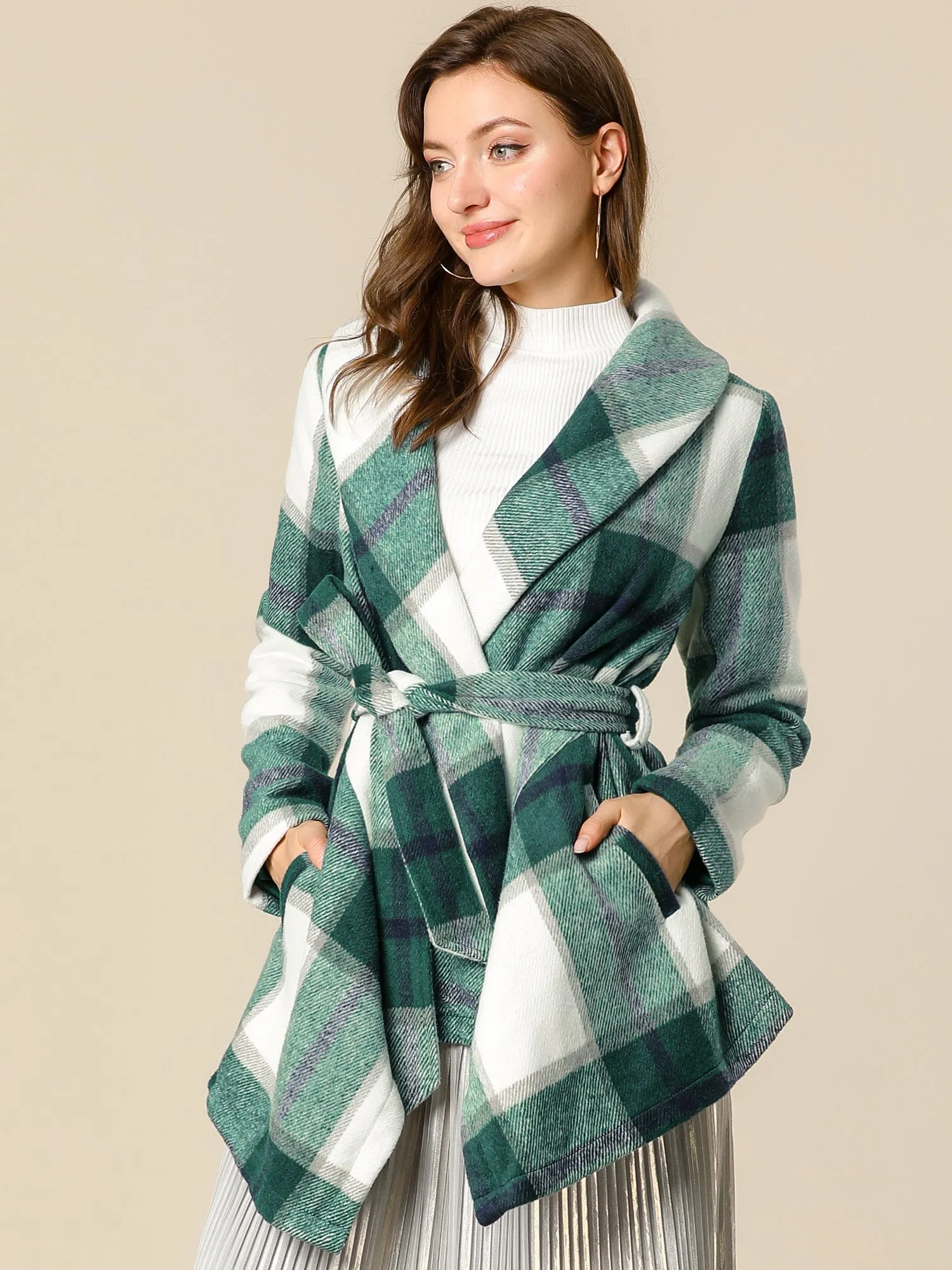 Turn Down Collar Asymmetric Hem Thin Plaids Wrap Coat