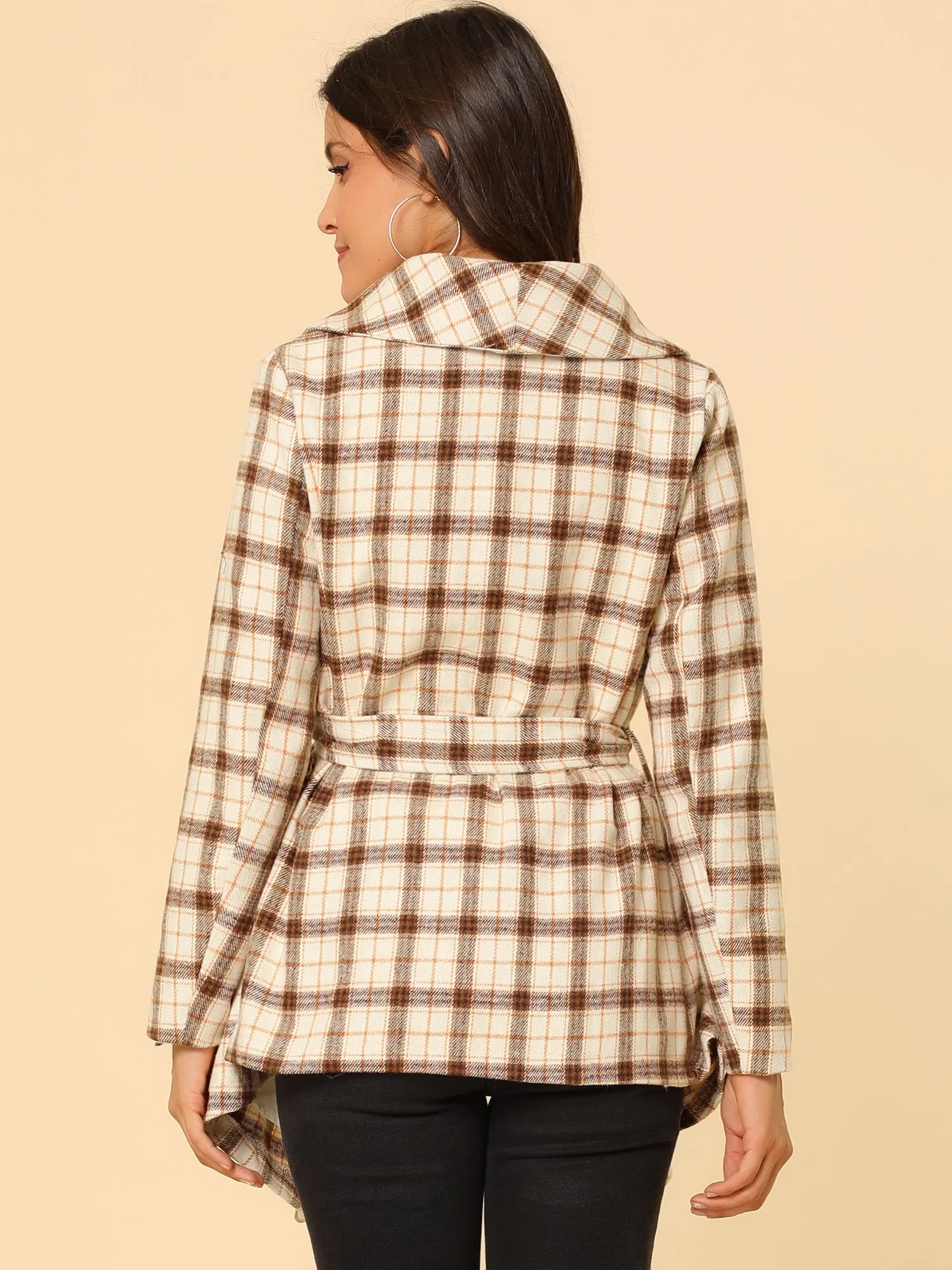 Turn Down Collar Asymmetric Hem Thin Plaids Wrap Coat