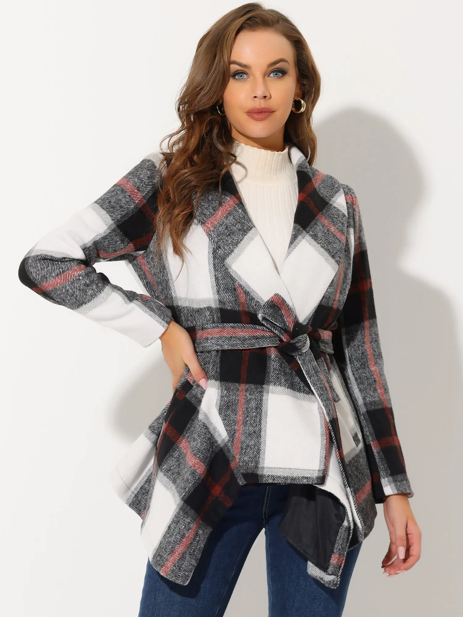 Turn Down Collar Asymmetric Hem Thin Plaids Wrap Coat