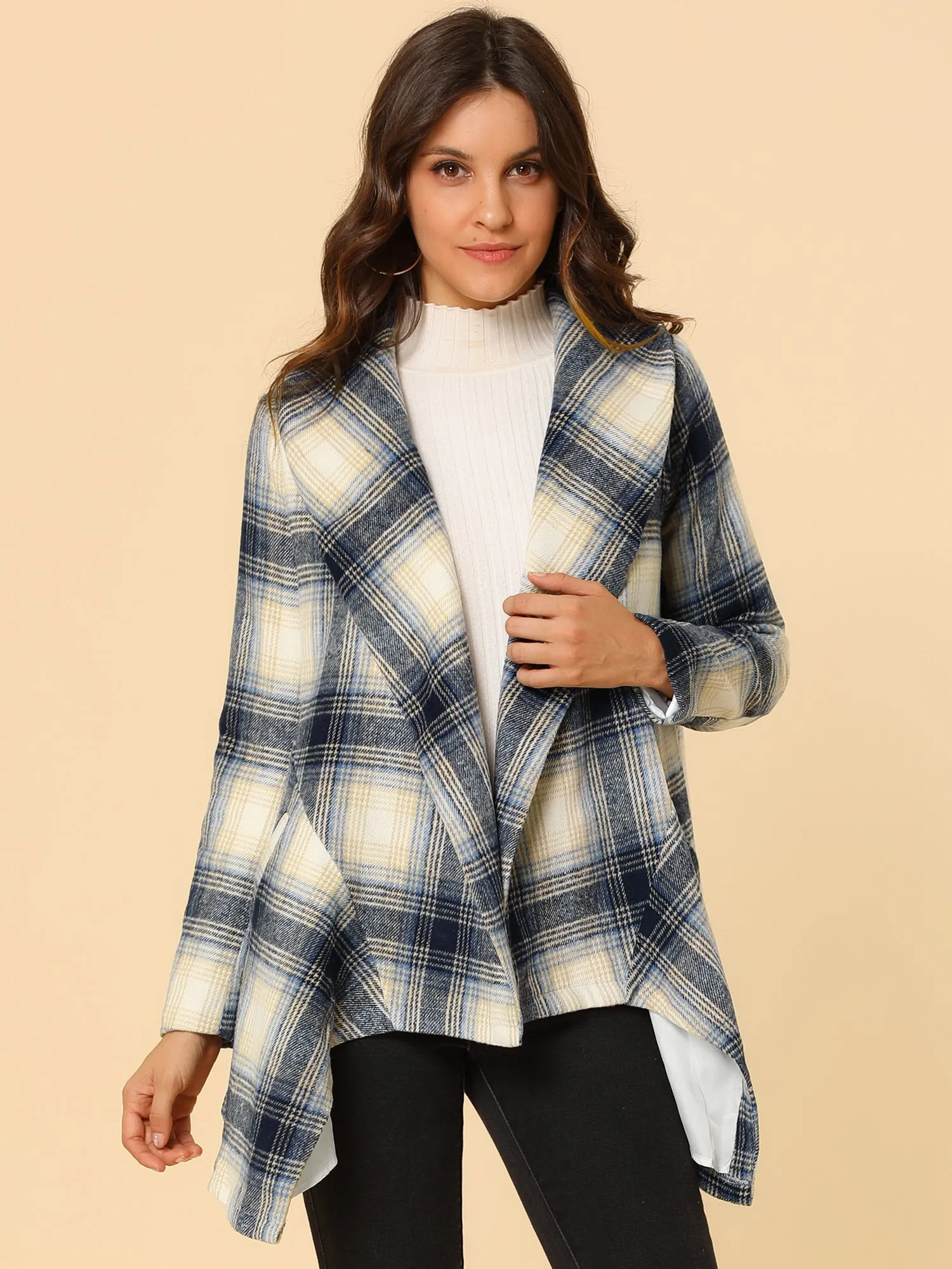 Turn Down Collar Asymmetric Hem Thin Plaids Wrap Coat