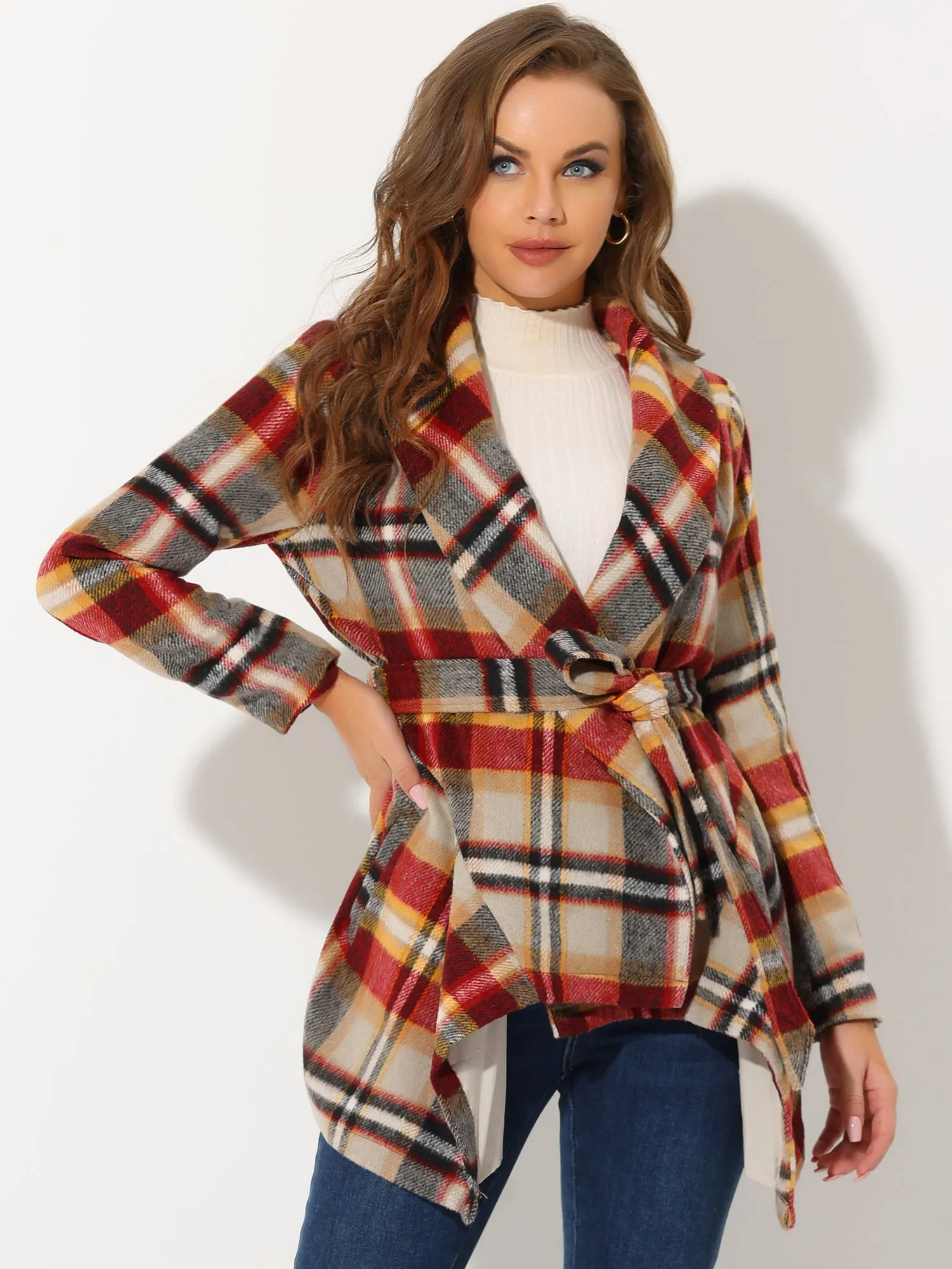 Turn Down Collar Asymmetric Hem Thin Plaids Wrap Coat