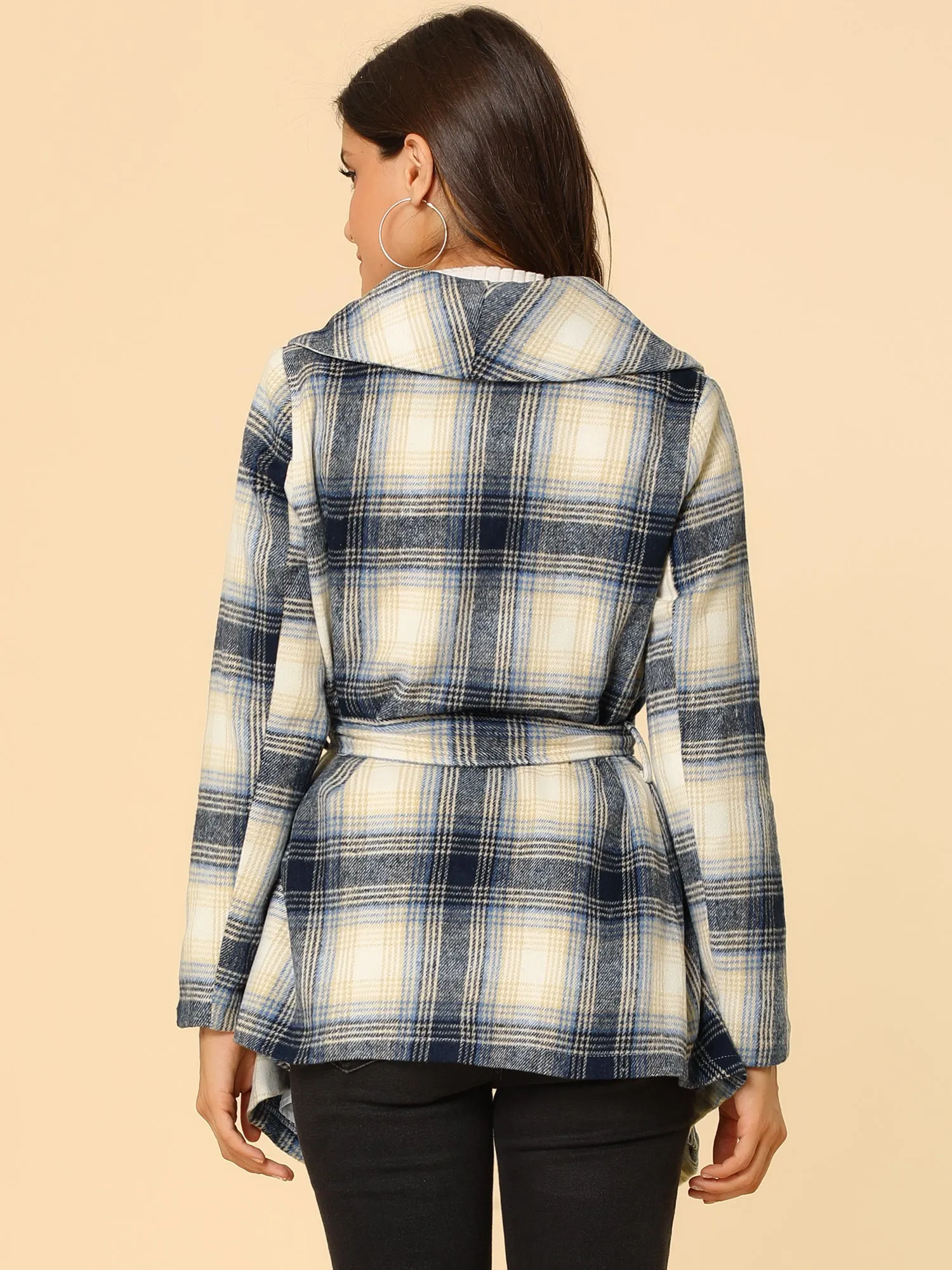 Turn Down Collar Asymmetric Hem Thin Plaids Wrap Coat