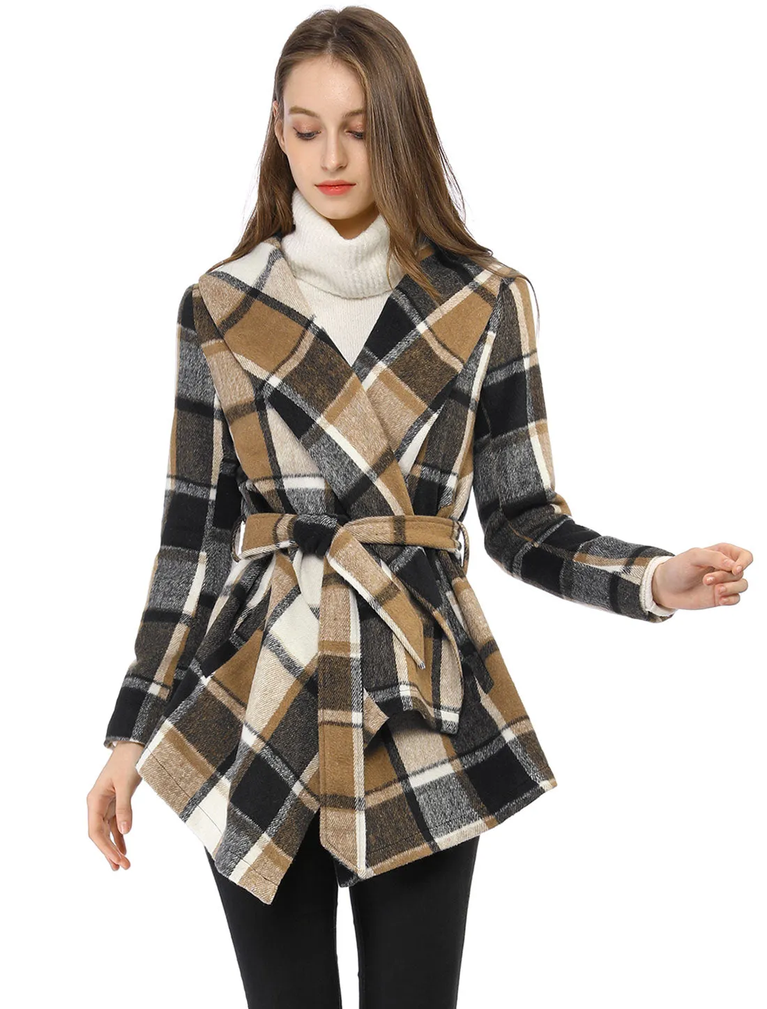 Turn Down Collar Asymmetric Hem Thin Plaids Wrap Coat