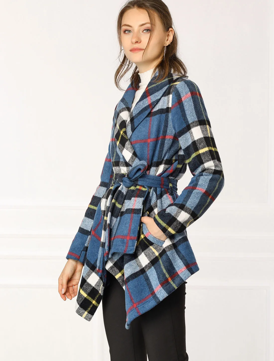 Turn Down Collar Asymmetric Hem Thin Plaids Wrap Coat