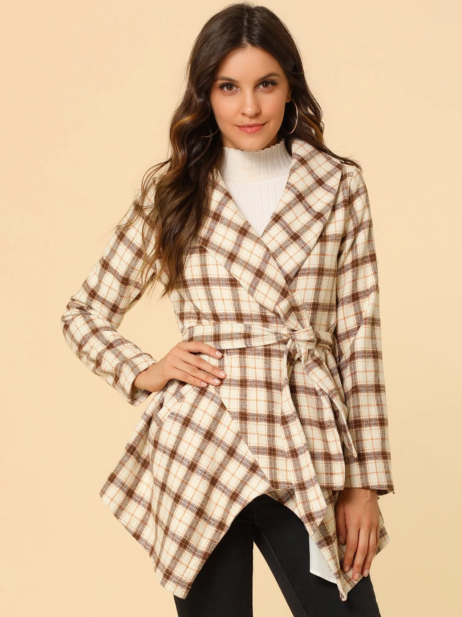 Turn Down Collar Asymmetric Hem Thin Plaids Wrap Coat