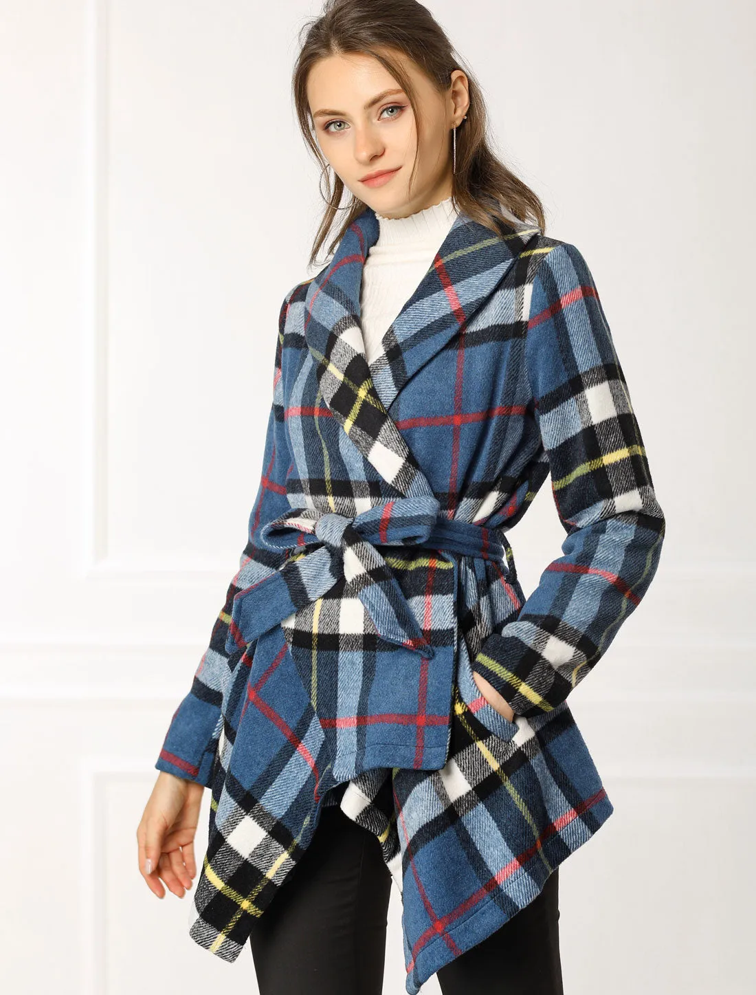 Turn Down Collar Asymmetric Hem Thin Plaids Wrap Coat