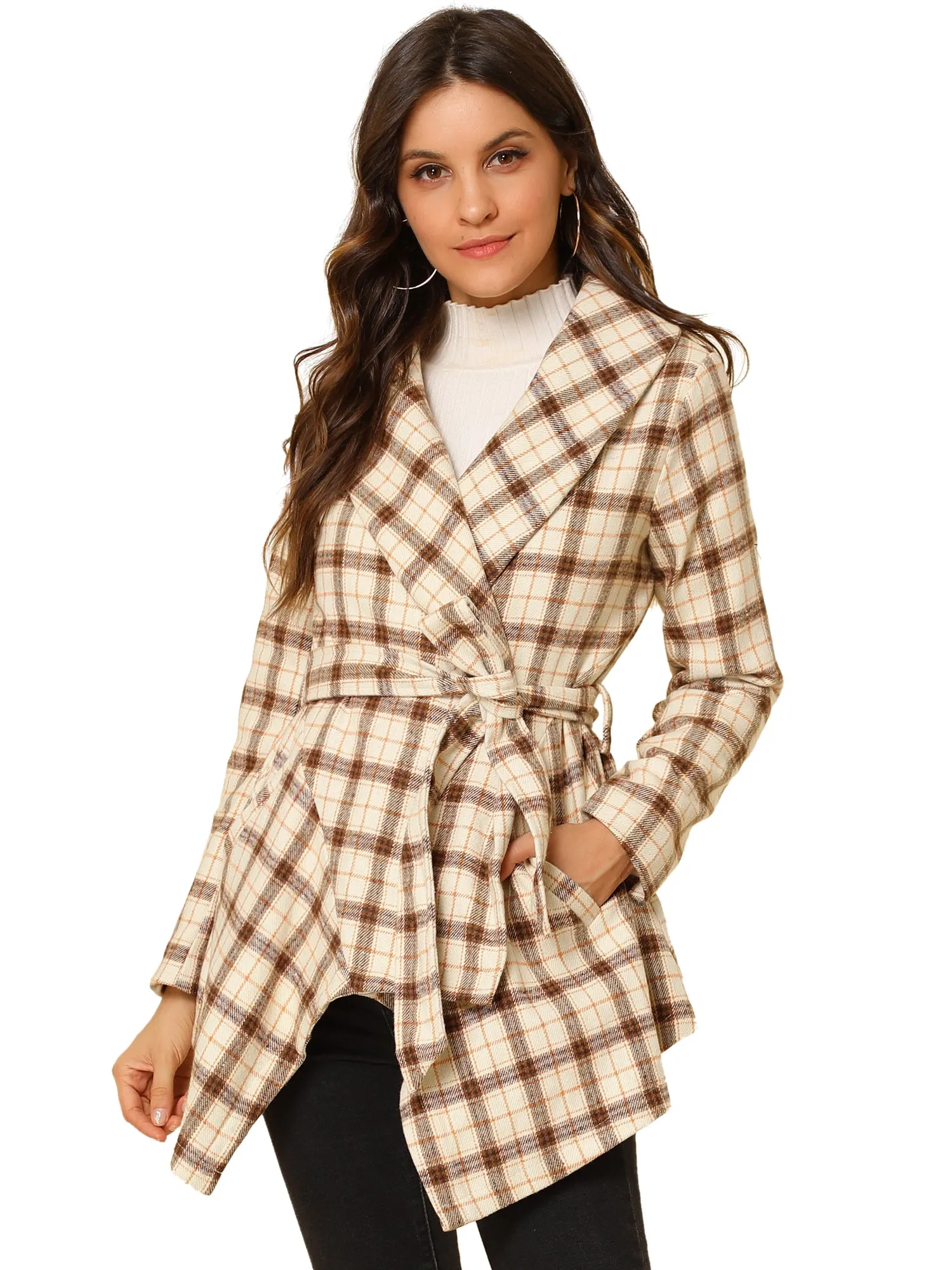 Turn Down Collar Asymmetric Hem Thin Plaids Wrap Coat