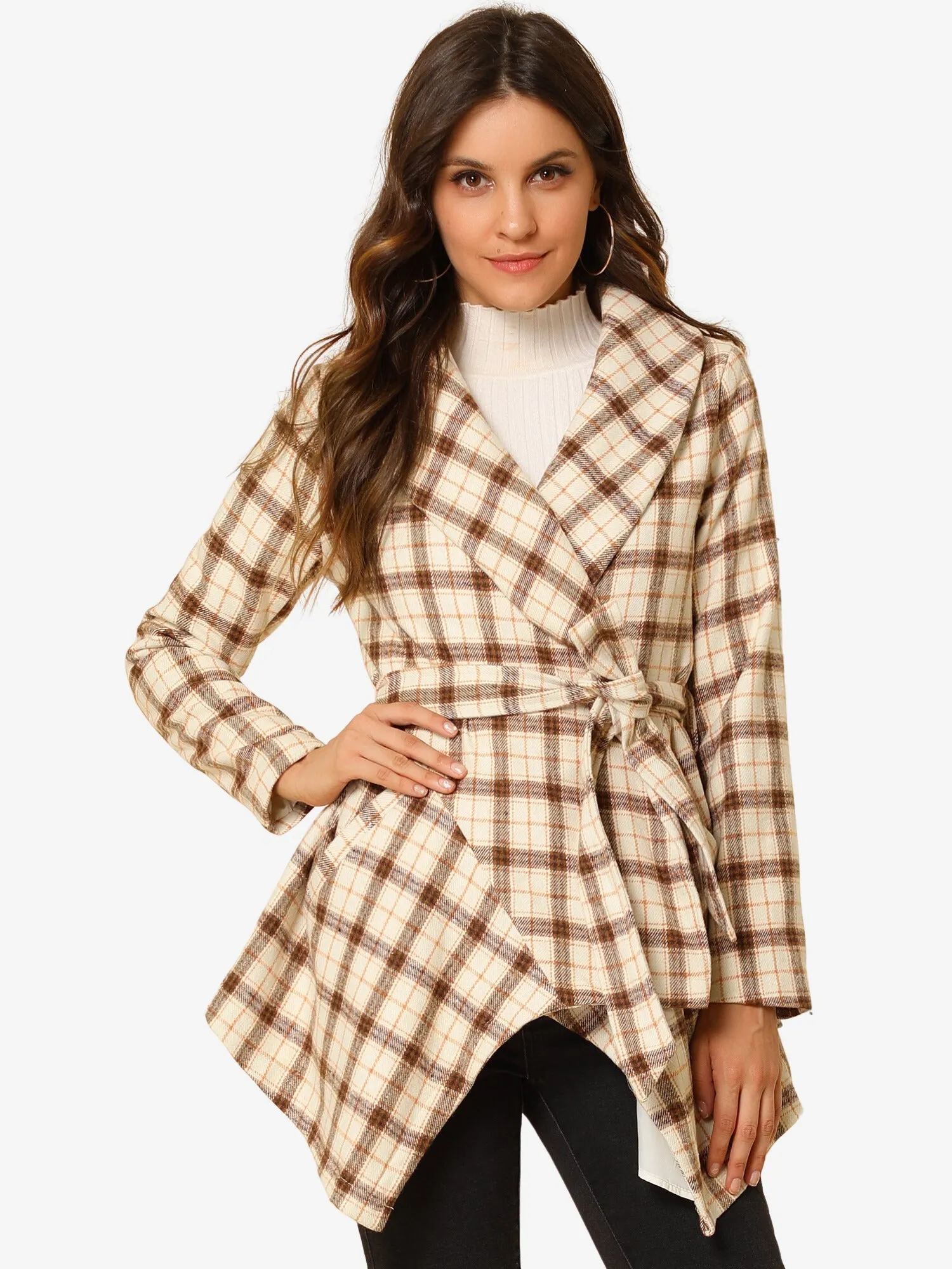 Turn Down Collar Asymmetric Hem Thin Plaids Wrap Coat