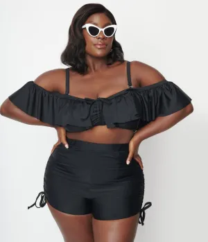 Unique Vintage Plus Size Black Pull Tie Swim Shorts