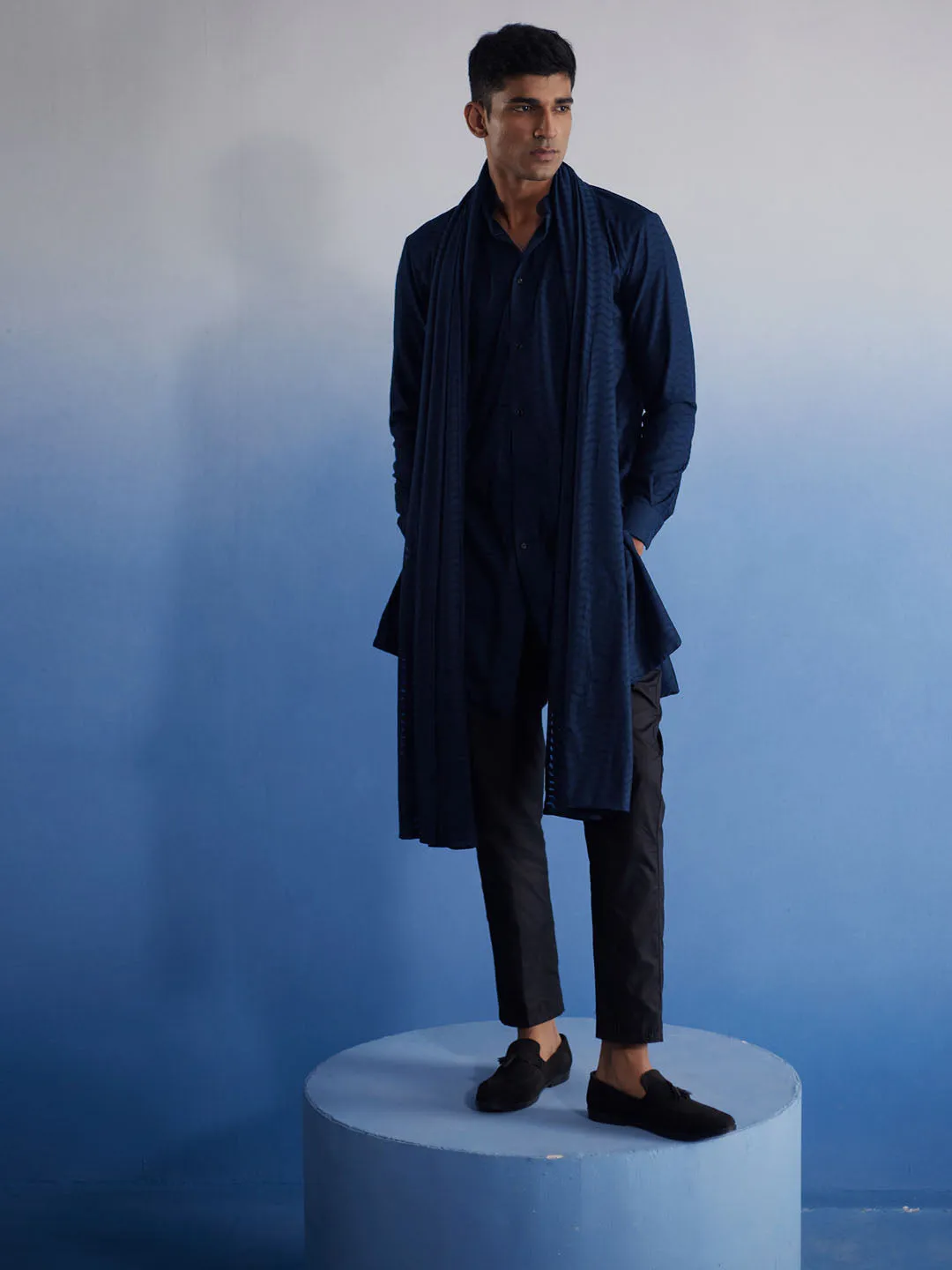 VASTRAMAY Navy Blue Net Kurta