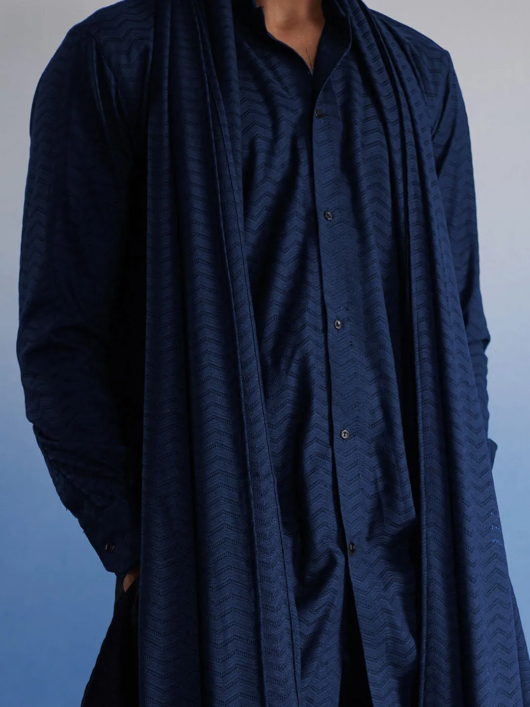 VASTRAMAY Navy Blue Net Kurta