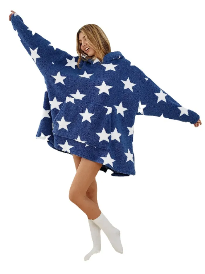 Women Allover Stars Thicken Warm Fleece Loose Home Blanket Hoodie With Kangaroo Pocket