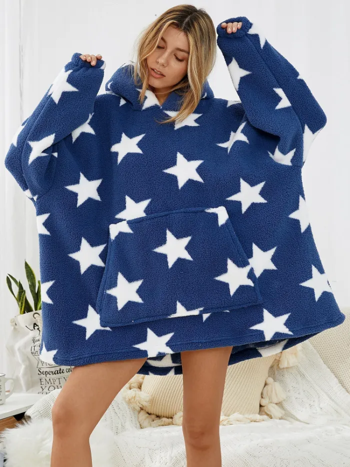 Women Allover Stars Thicken Warm Fleece Loose Home Blanket Hoodie With Kangaroo Pocket