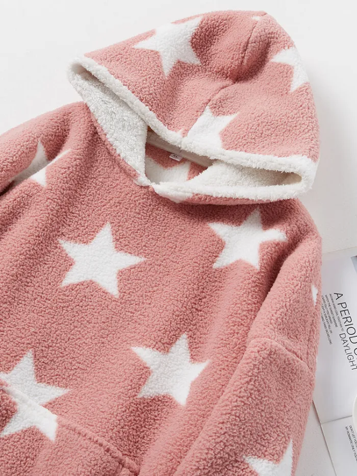 Women Allover Stars Thicken Warm Fleece Loose Home Blanket Hoodie With Kangaroo Pocket