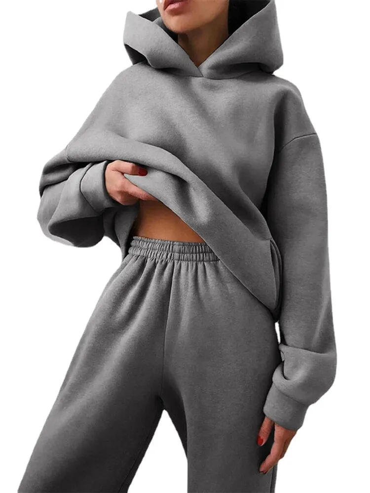 Women Elegant Solid Suits Warm Hooded Sweatshirt with Long Pant Casual Two Piece Sets