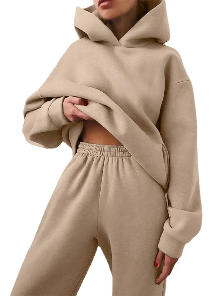 Women Elegant Solid Suits Warm Hooded Sweatshirt with Long Pant Casual Two Piece Sets